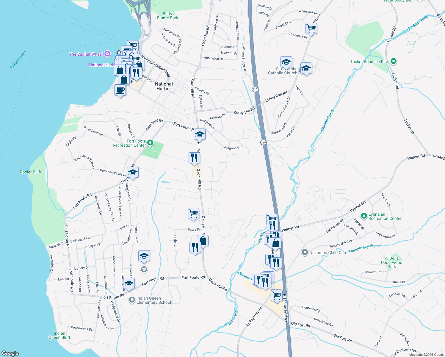 map of restaurants, bars, coffee shops, grocery stores, and more near 311 Potomac Ridge Drive in Fort Washington