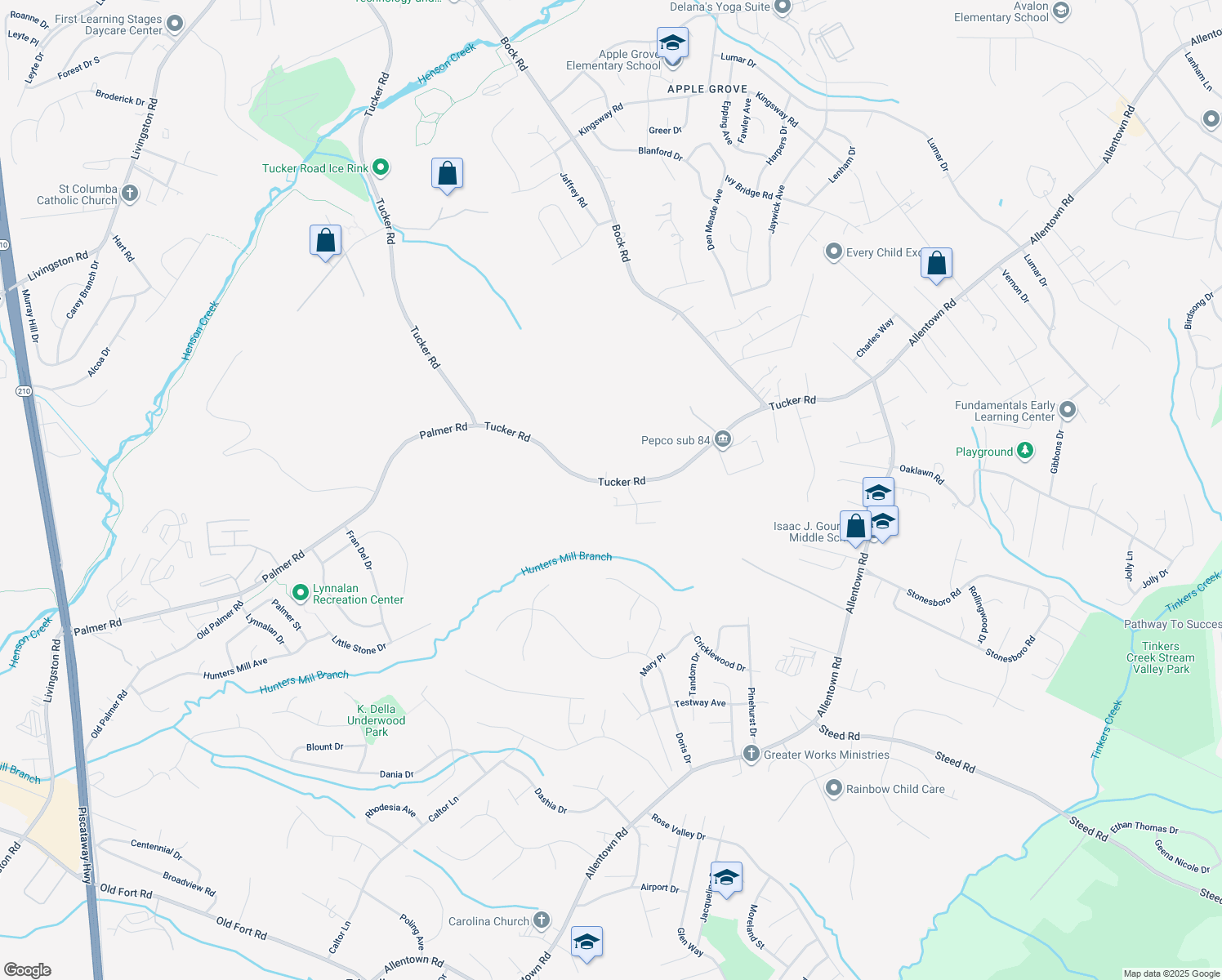 map of restaurants, bars, coffee shops, grocery stores, and more near 2601 Tucker Road in Fort Washington