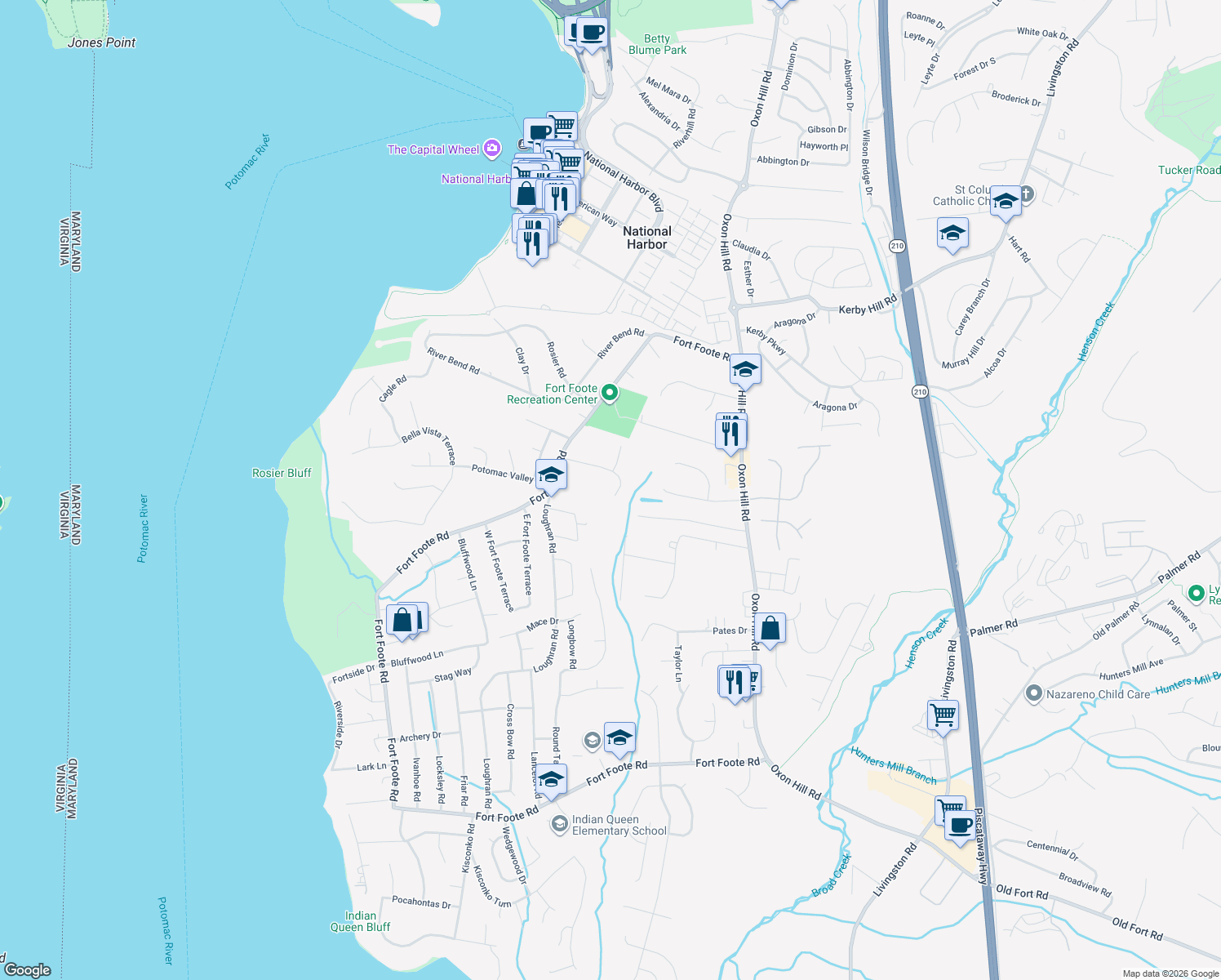 map of restaurants, bars, coffee shops, grocery stores, and more near 204 Blackberry Drive in Fort Washington