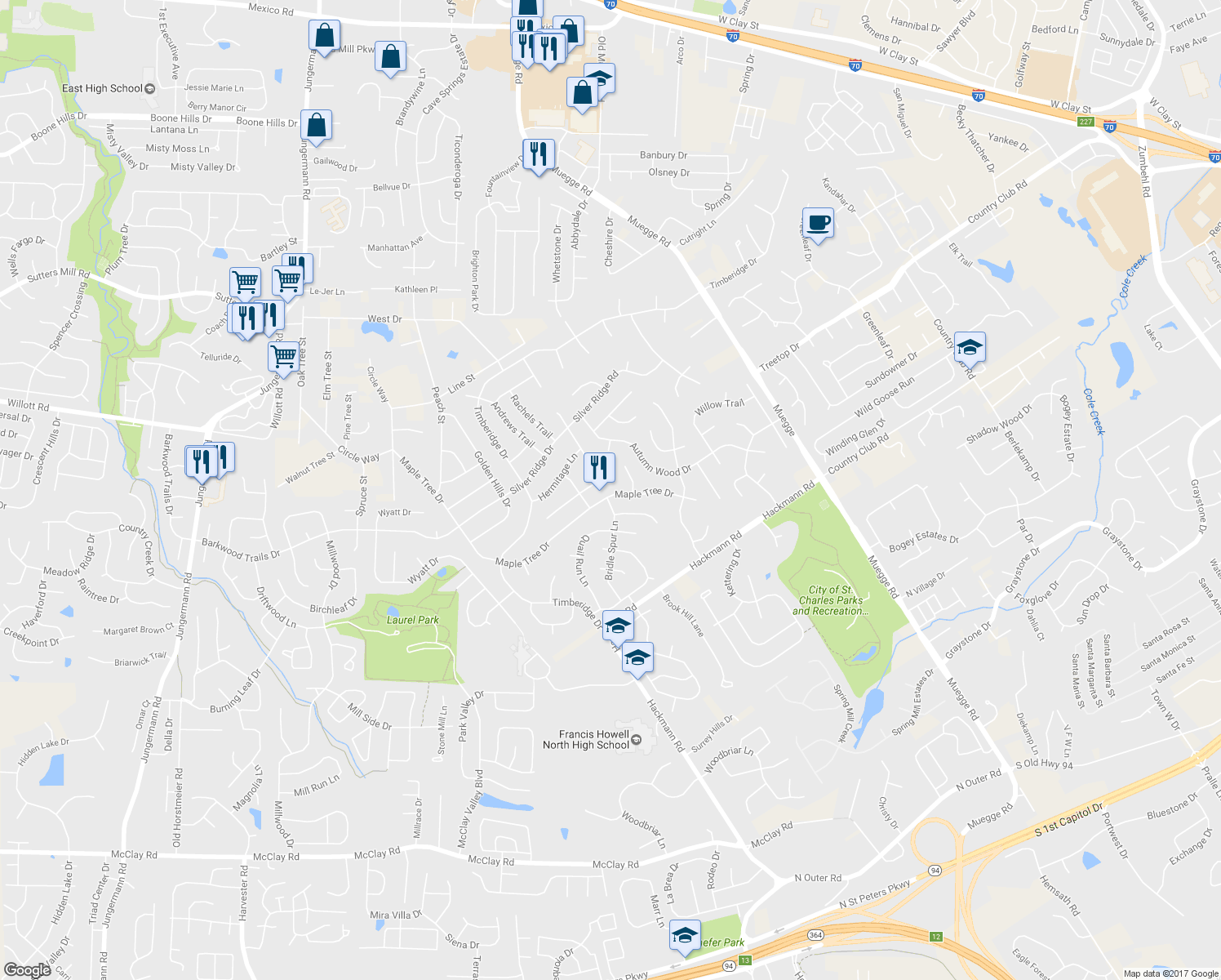 map of restaurants, bars, coffee shops, grocery stores, and more near 2516 Maple Tree Drive in Saint Charles