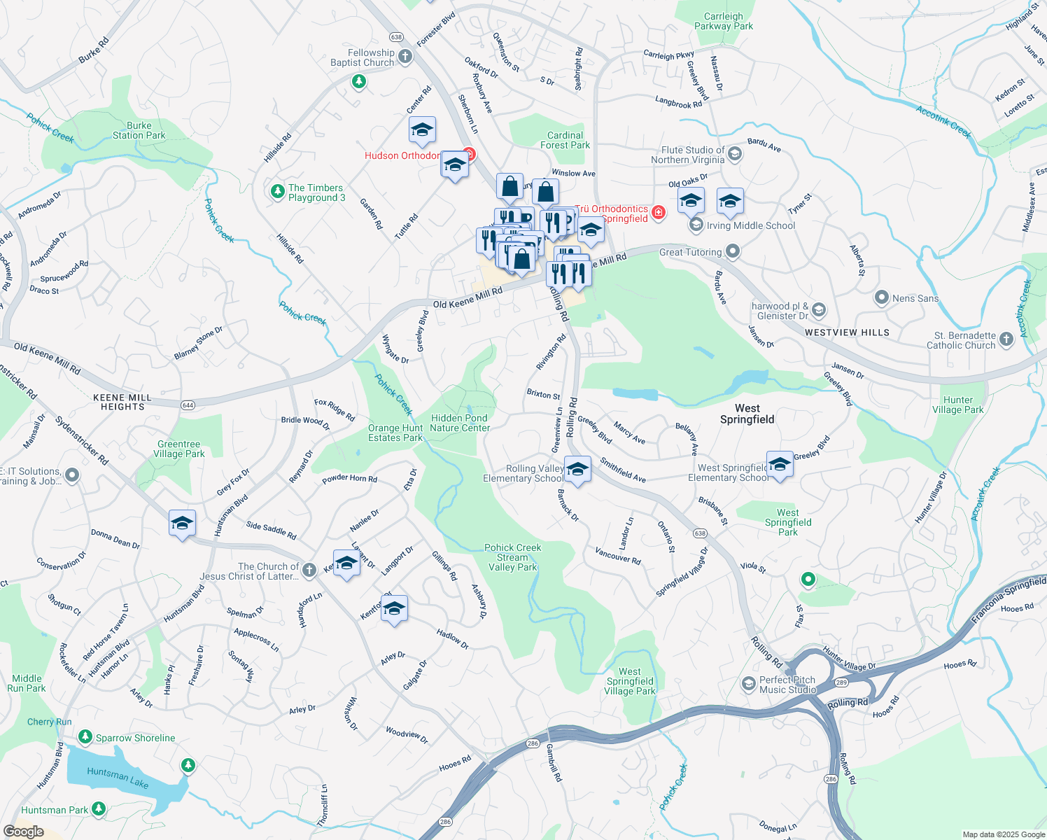 map of restaurants, bars, coffee shops, grocery stores, and more near 8315 Greeley Blvd in Springfield