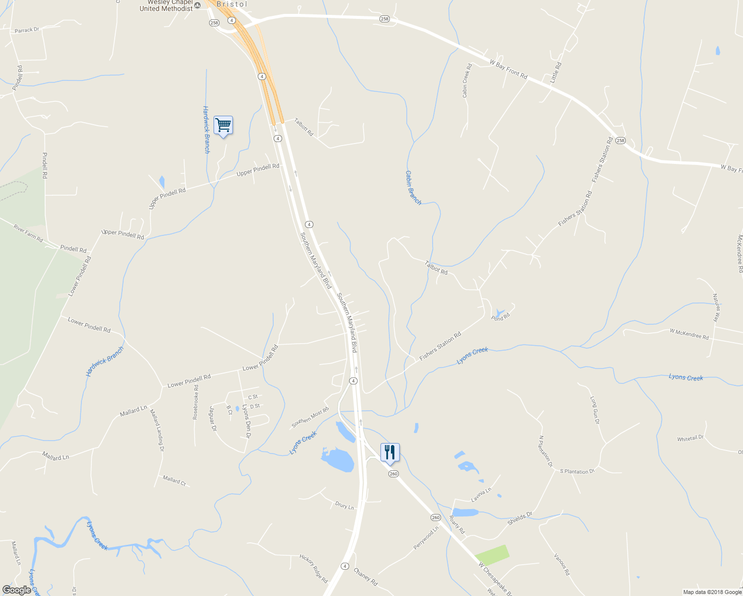 map of restaurants, bars, coffee shops, grocery stores, and more near 6225 Southern Maryland Boulevard in Lothian