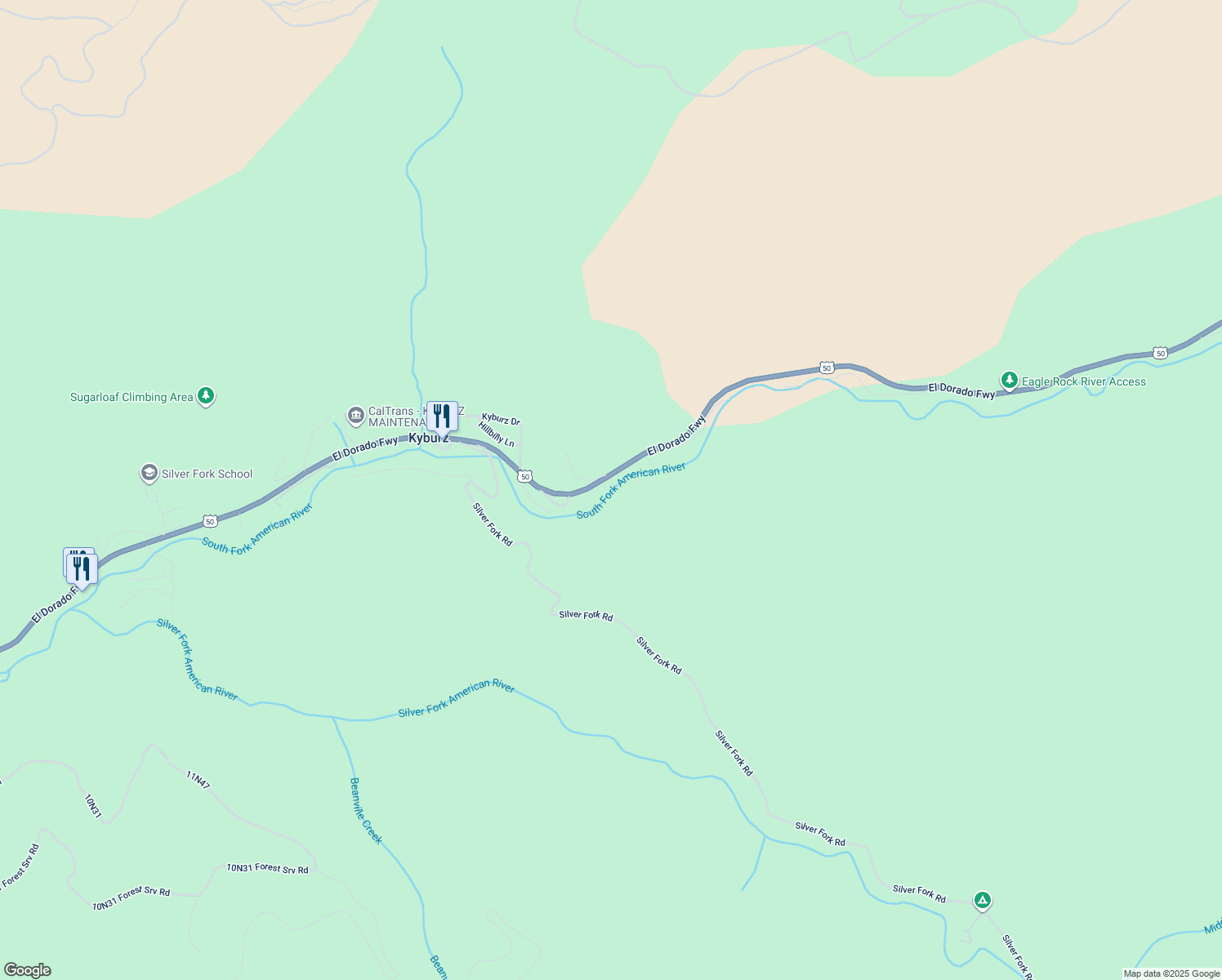 map of restaurants, bars, coffee shops, grocery stores, and more near 13870 Riverside in Kyburz