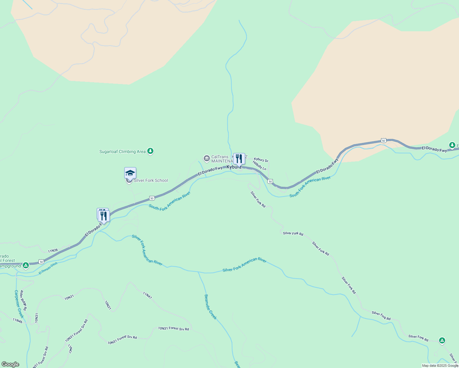 map of restaurants, bars, coffee shops, grocery stores, and more near 11730 Red Wing Trail in Kyburz