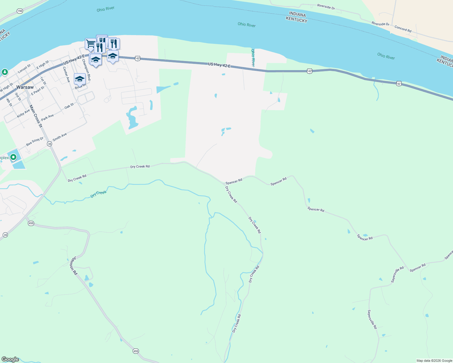 map of restaurants, bars, coffee shops, grocery stores, and more near 25 Spencer Road in Warsaw