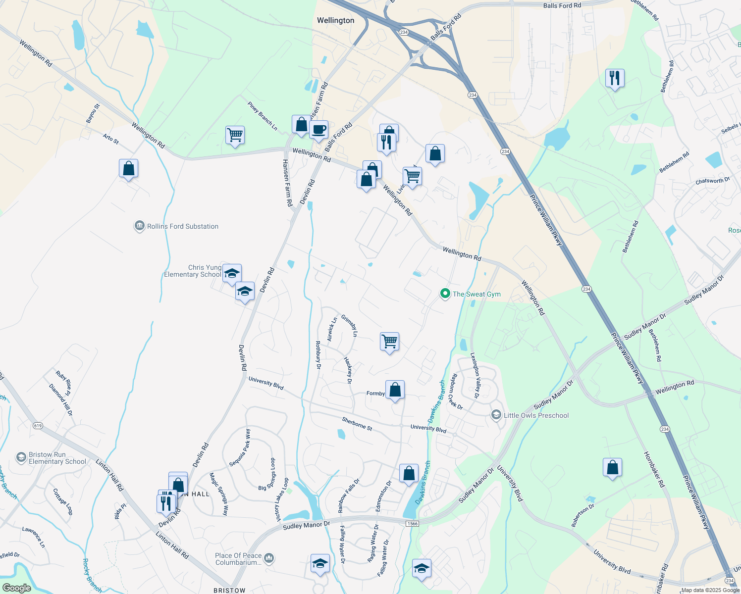 map of restaurants, bars, coffee shops, grocery stores, and more near 12096 Hartwood Meadow Pl in Bristow
