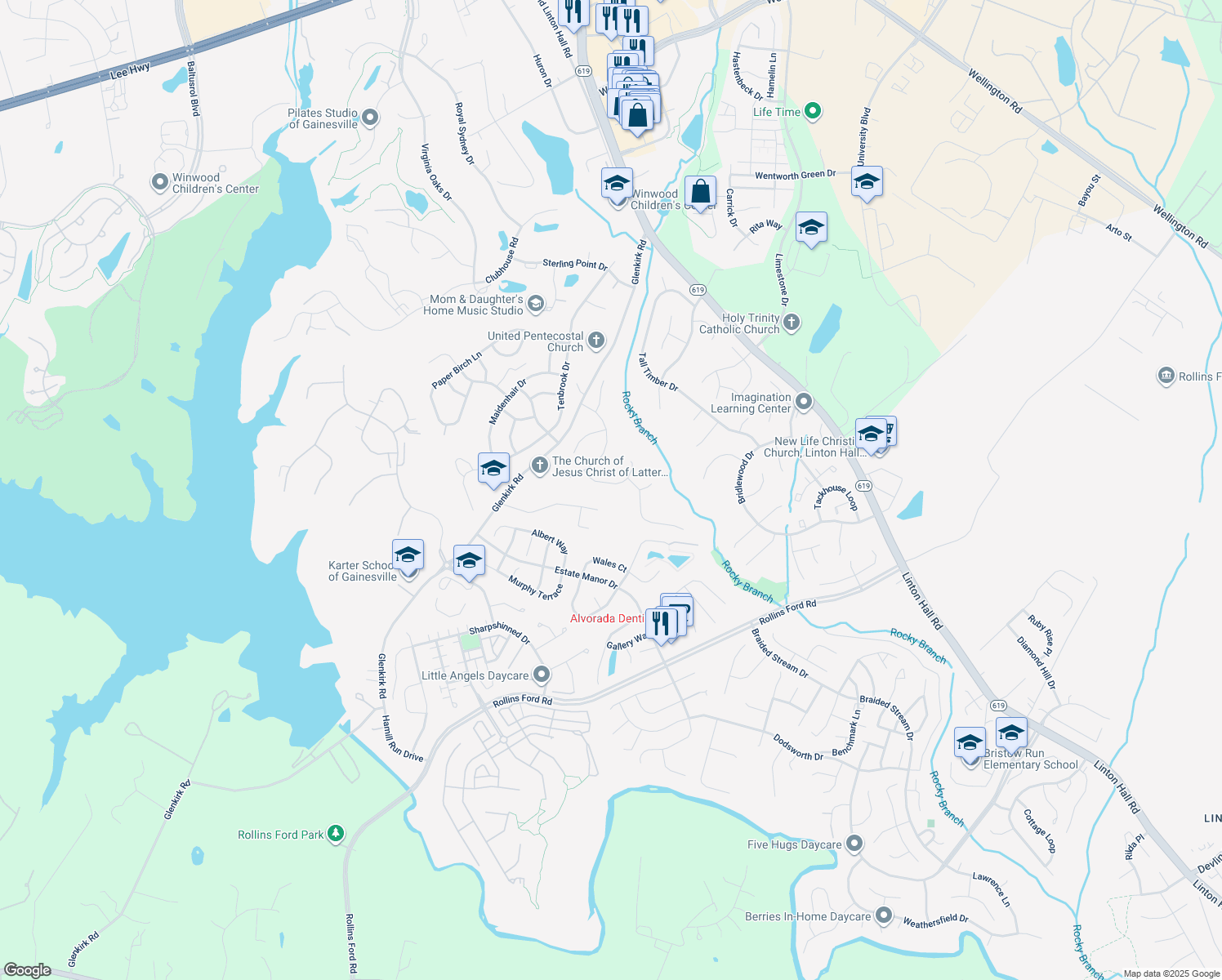 map of restaurants, bars, coffee shops, grocery stores, and more near 13995 Dancing Twig Drive in Gainesville