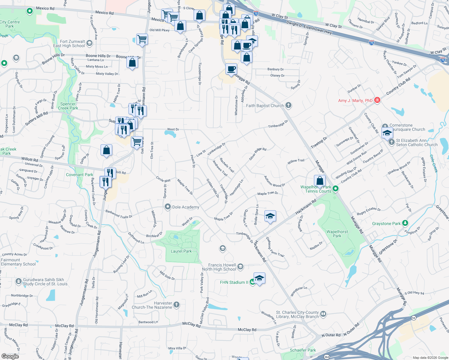 map of restaurants, bars, coffee shops, grocery stores, and more near 59 Vintage in St. Peters