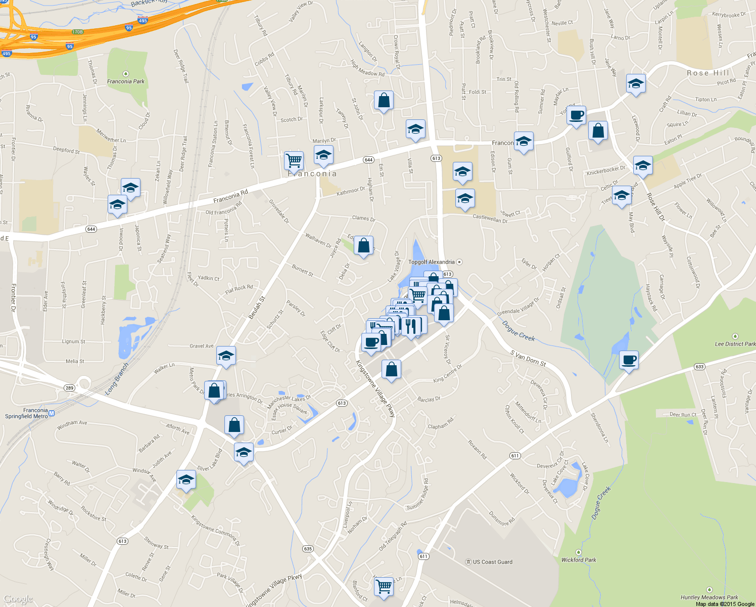map of restaurants, bars, coffee shops, grocery stores, and more near 6631 Dunwich Way in Alexandria