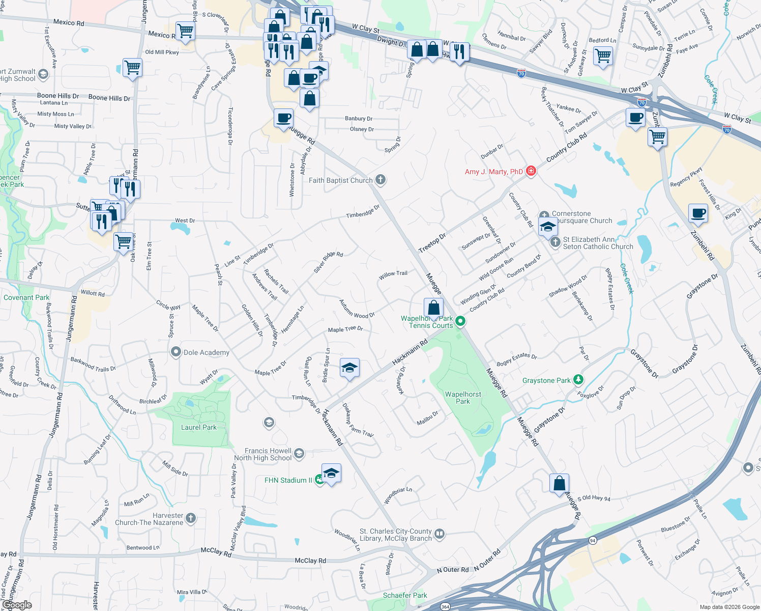 map of restaurants, bars, coffee shops, grocery stores, and more near 2062 Autumn Wood Drive in Saint Charles