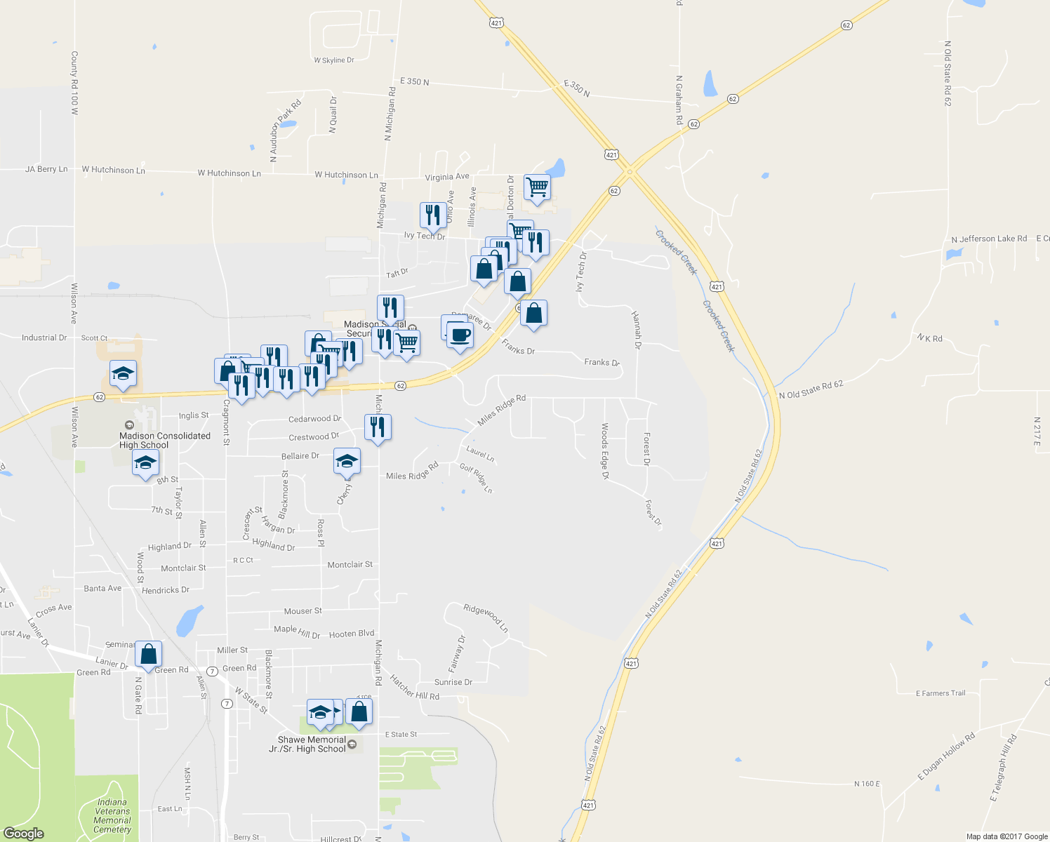 map of restaurants, bars, coffee shops, grocery stores, and more near 2517 Oak Ridge Lane in Madison