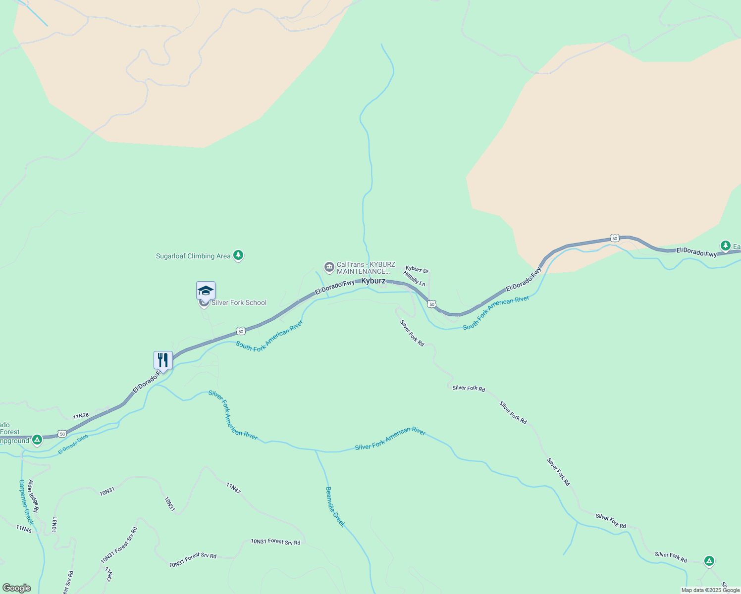 map of restaurants, bars, coffee shops, grocery stores, and more near 11730 Red Wing Trail in Kyburz