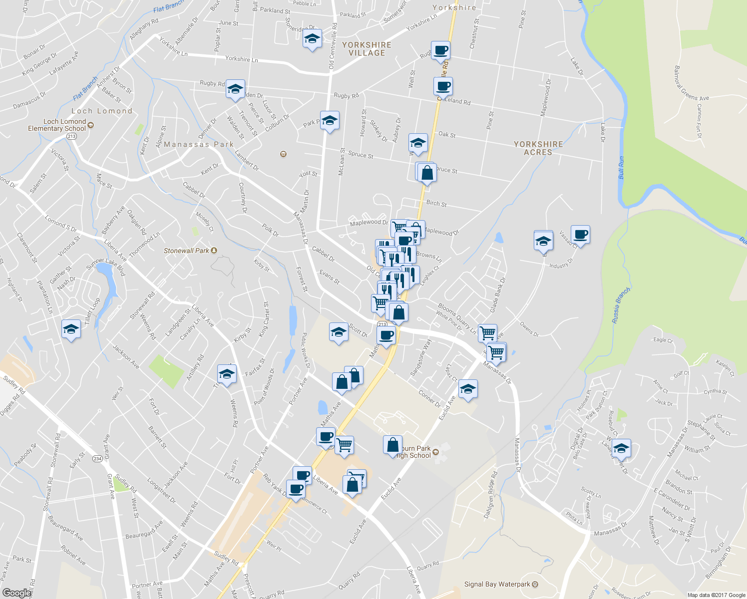 map of restaurants, bars, coffee shops, grocery stores, and more near 124 Scott Drive in Manassas Park