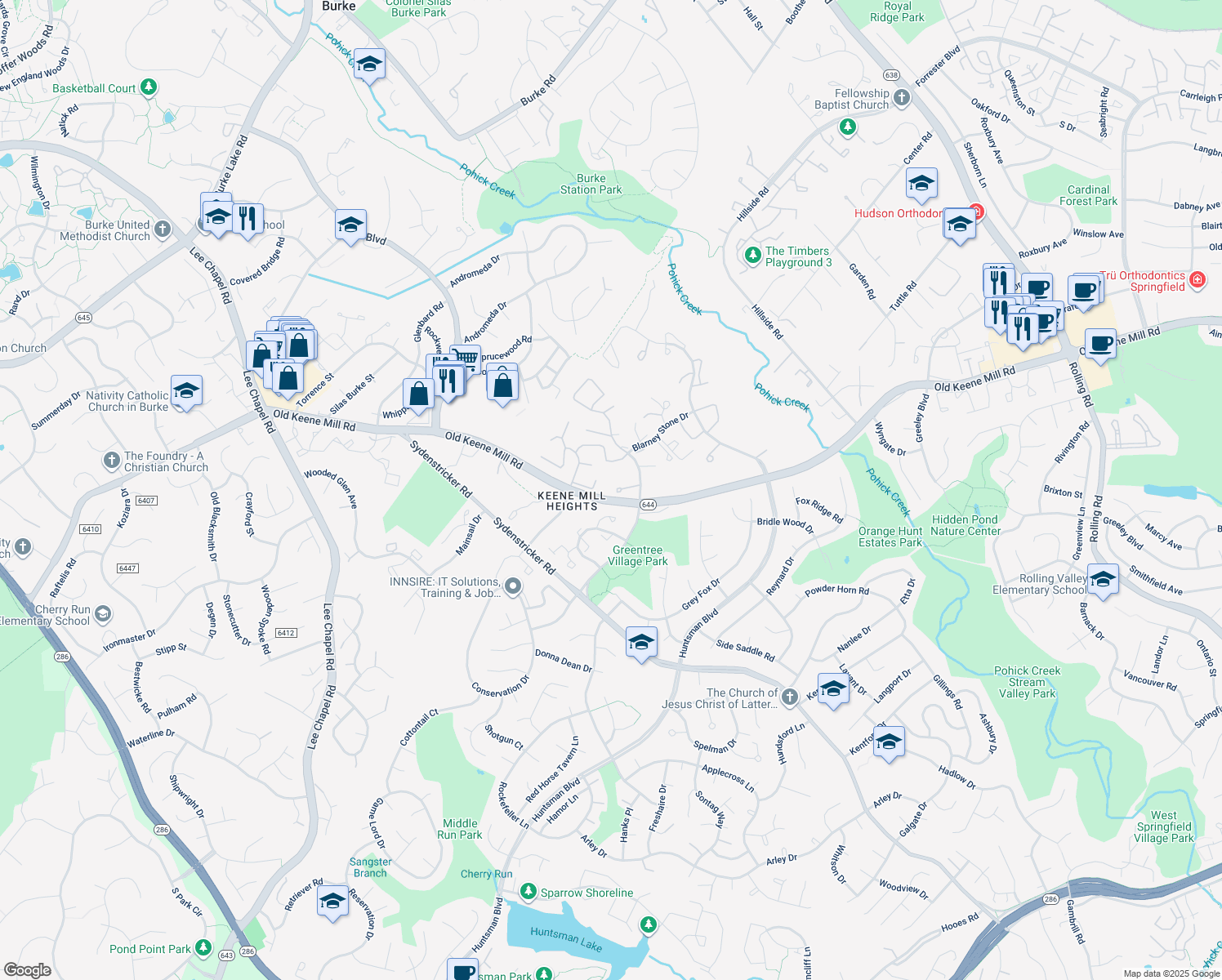 map of restaurants, bars, coffee shops, grocery stores, and more near 9054 Rosewall Court in Springfield