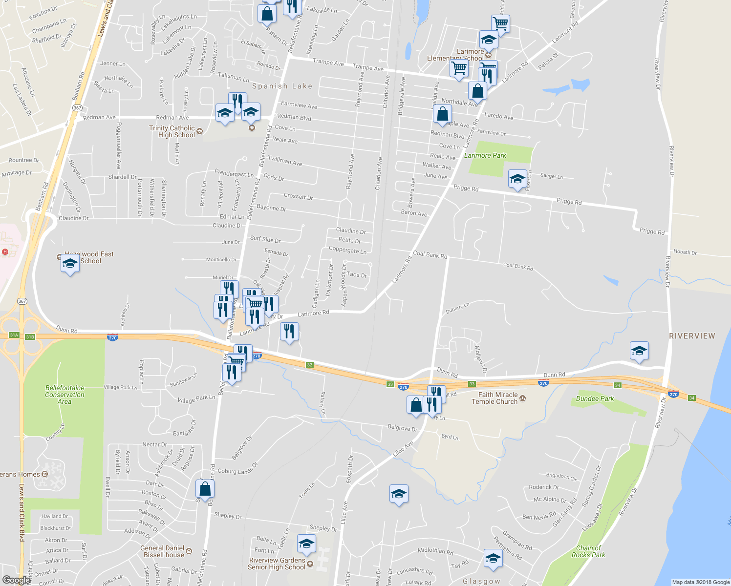 map of restaurants, bars, coffee shops, grocery stores, and more near 1308 Red River Drive in St. Louis