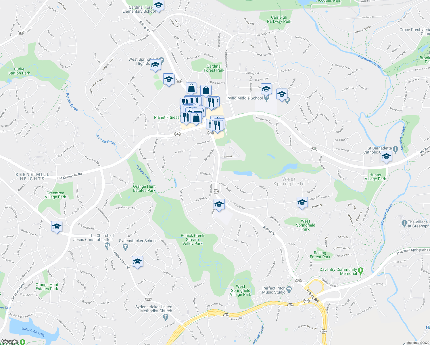 map of restaurants, bars, coffee shops, grocery stores, and more near 6521 Greenview Lane in Springfield