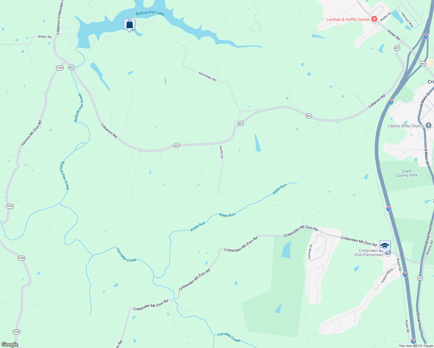map of restaurants, bars, coffee shops, grocery stores, and more near 123 Austin Drive in Crittenden