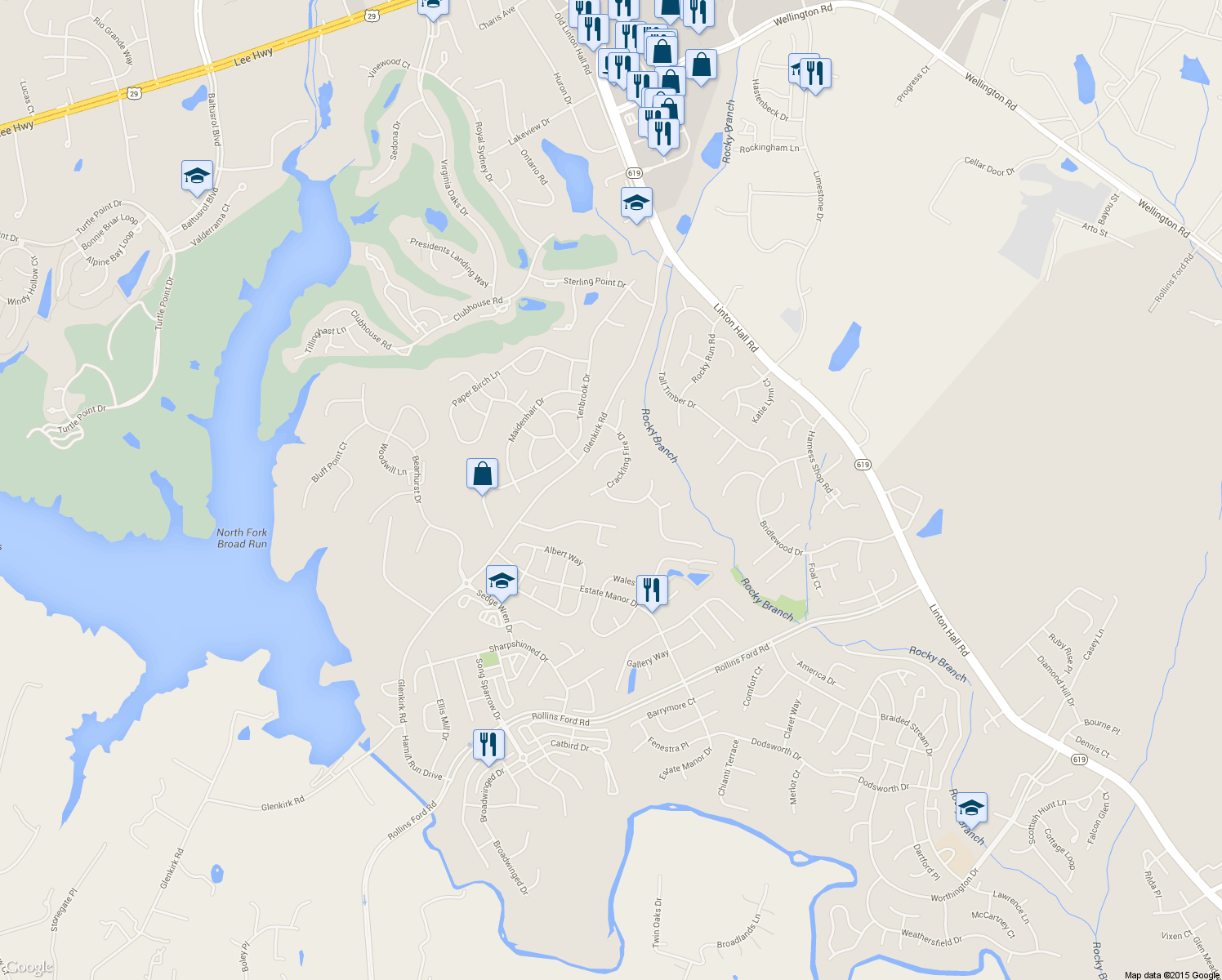 map of restaurants, bars, coffee shops, grocery stores, and more near 14004 Dancing Twig Drive in Gainesville