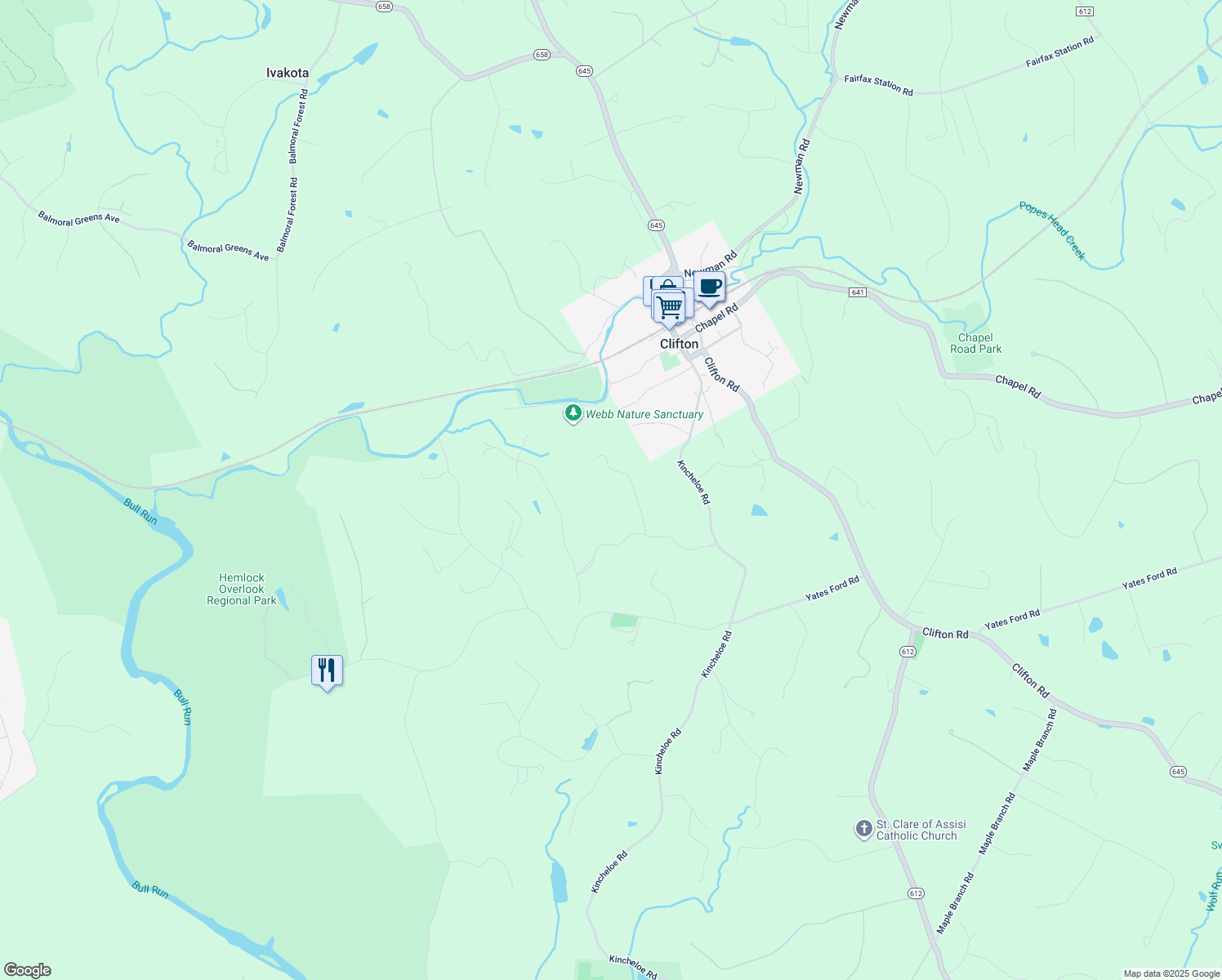 map of restaurants, bars, coffee shops, grocery stores, and more near 12820 Dunvegan Drive in Clifton