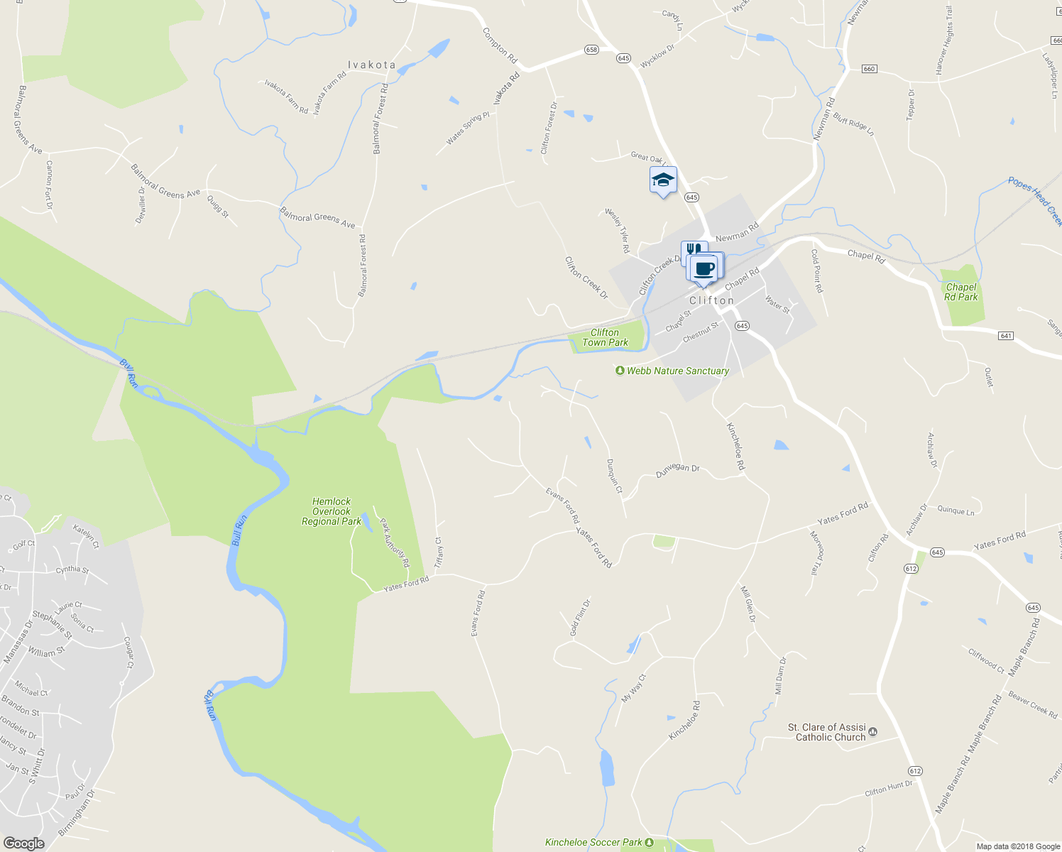 map of restaurants, bars, coffee shops, grocery stores, and more near 7507 Evans Ford Road in Clifton
