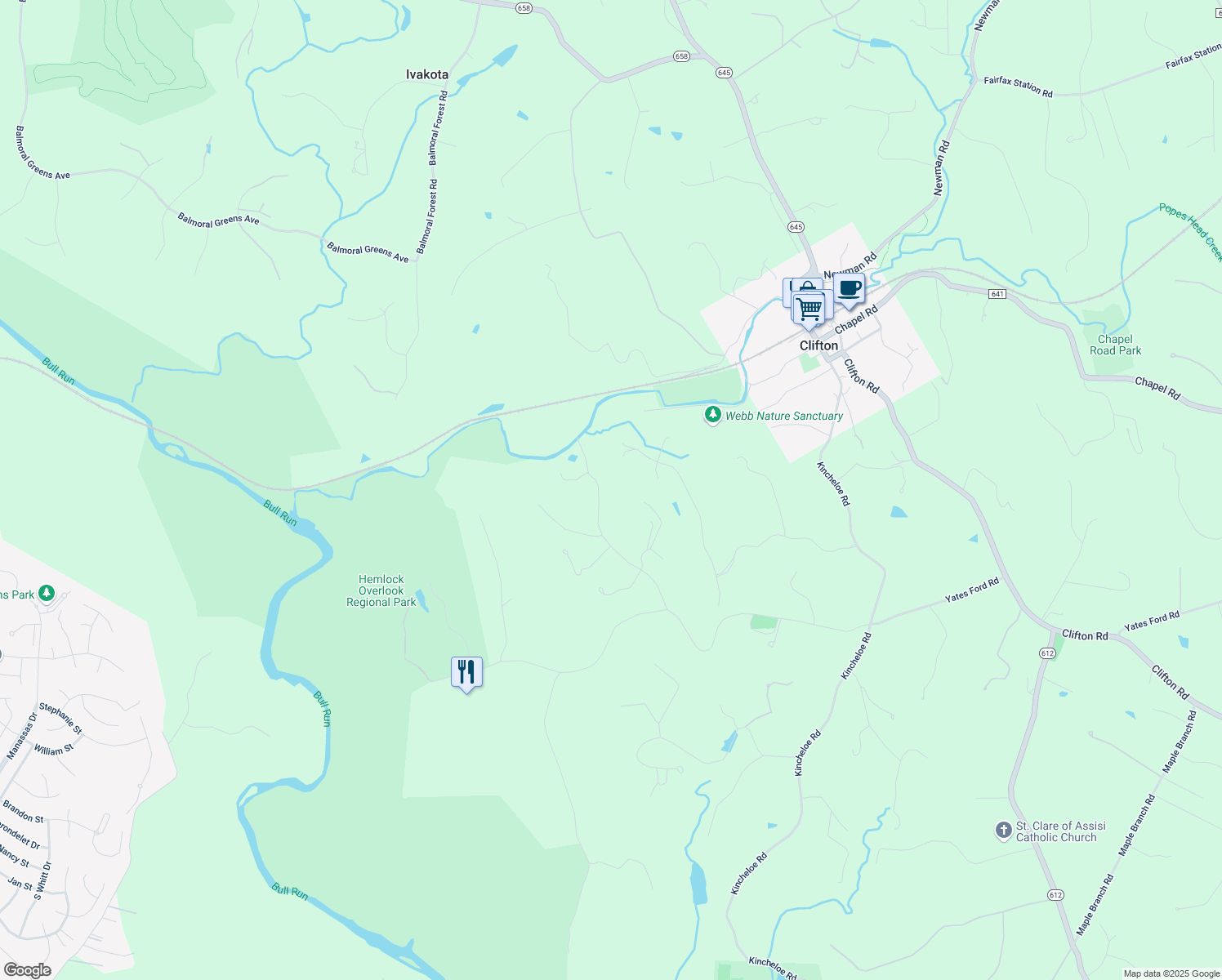 map of restaurants, bars, coffee shops, grocery stores, and more near 7507 Evans Ford Road in Clifton