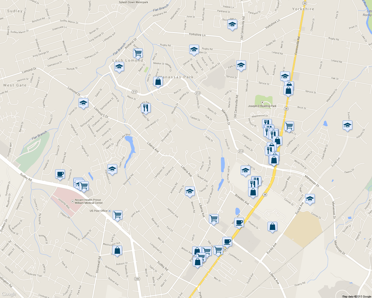map of restaurants, bars, coffee shops, grocery stores, and more near 9058 Old Hickory Court in Manassas