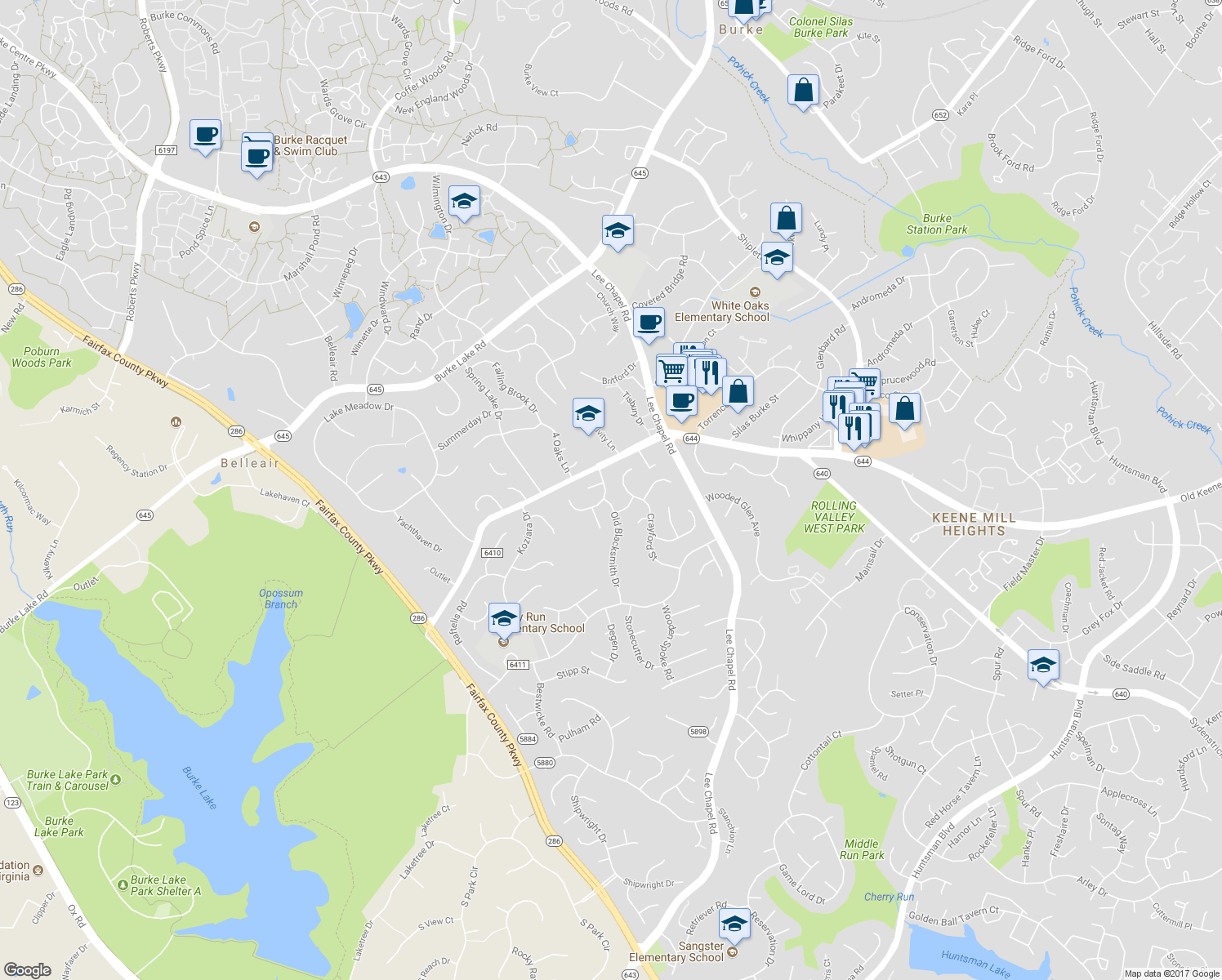 map of restaurants, bars, coffee shops, grocery stores, and more near 9607 Villagesmith Way in Burke