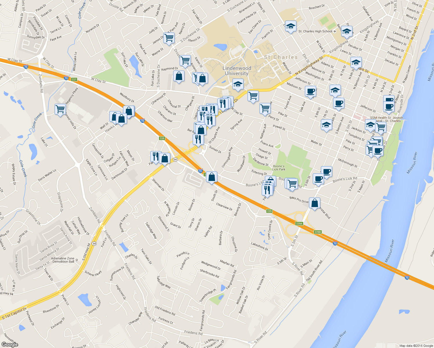 map of restaurants, bars, coffee shops, grocery stores, and more near 1613 Boone's Lick Road in Saint Charles