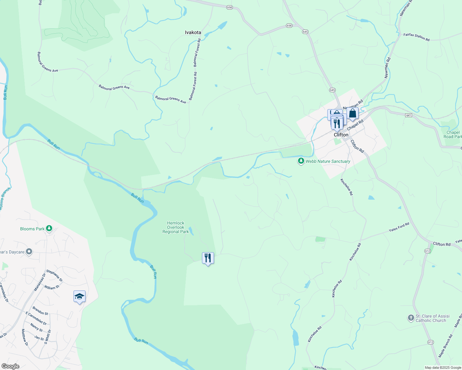 map of restaurants, bars, coffee shops, grocery stores, and more near 7514A Evans Ford Road in Clifton