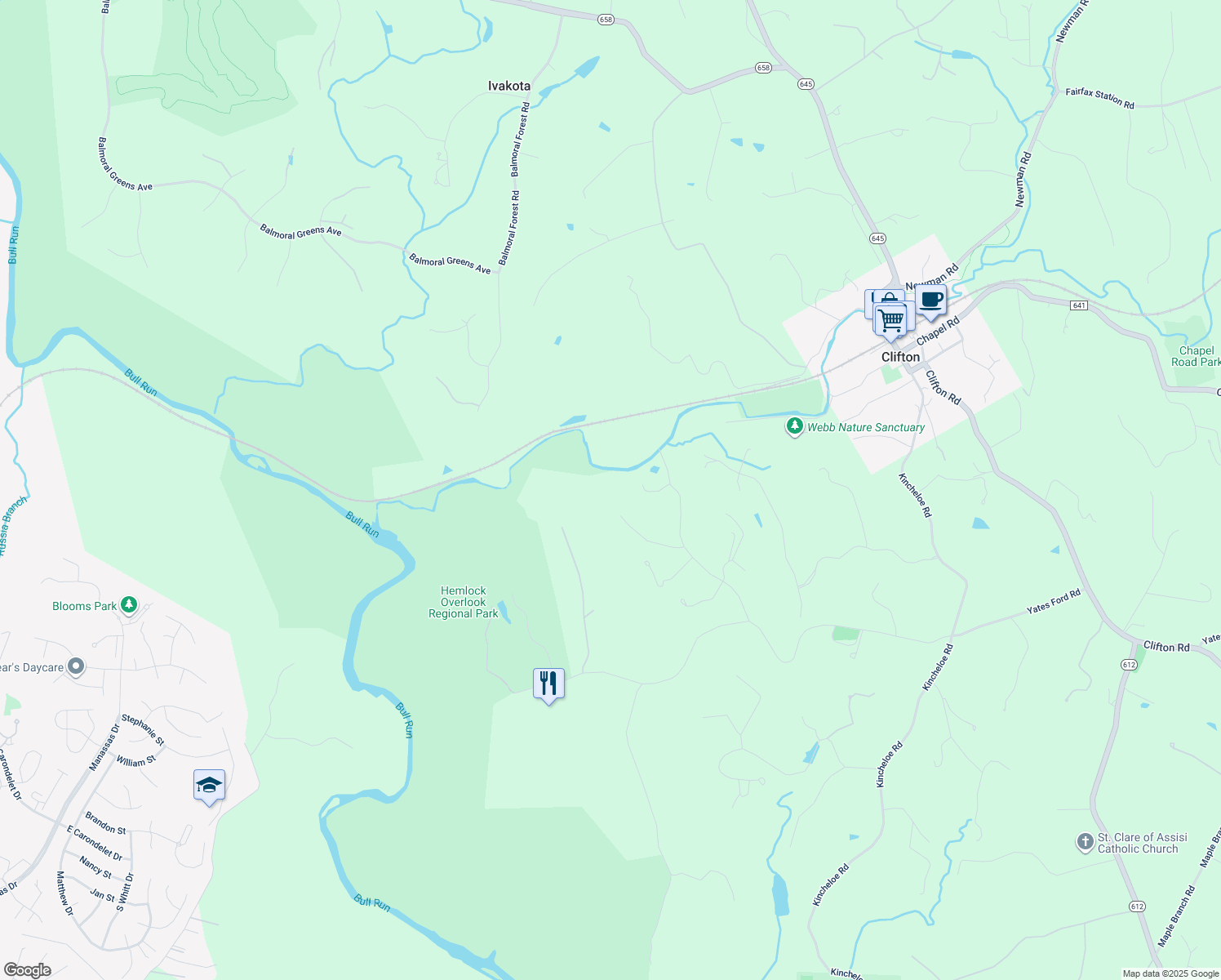 map of restaurants, bars, coffee shops, grocery stores, and more near 7514A Evans Ford Road in Clifton