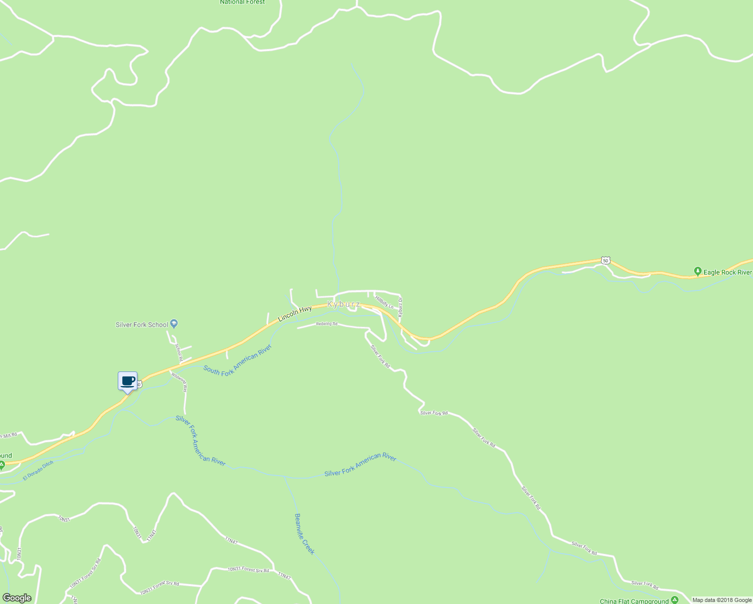 map of restaurants, bars, coffee shops, grocery stores, and more near 13802 Hillbilly Lane in Kyburz