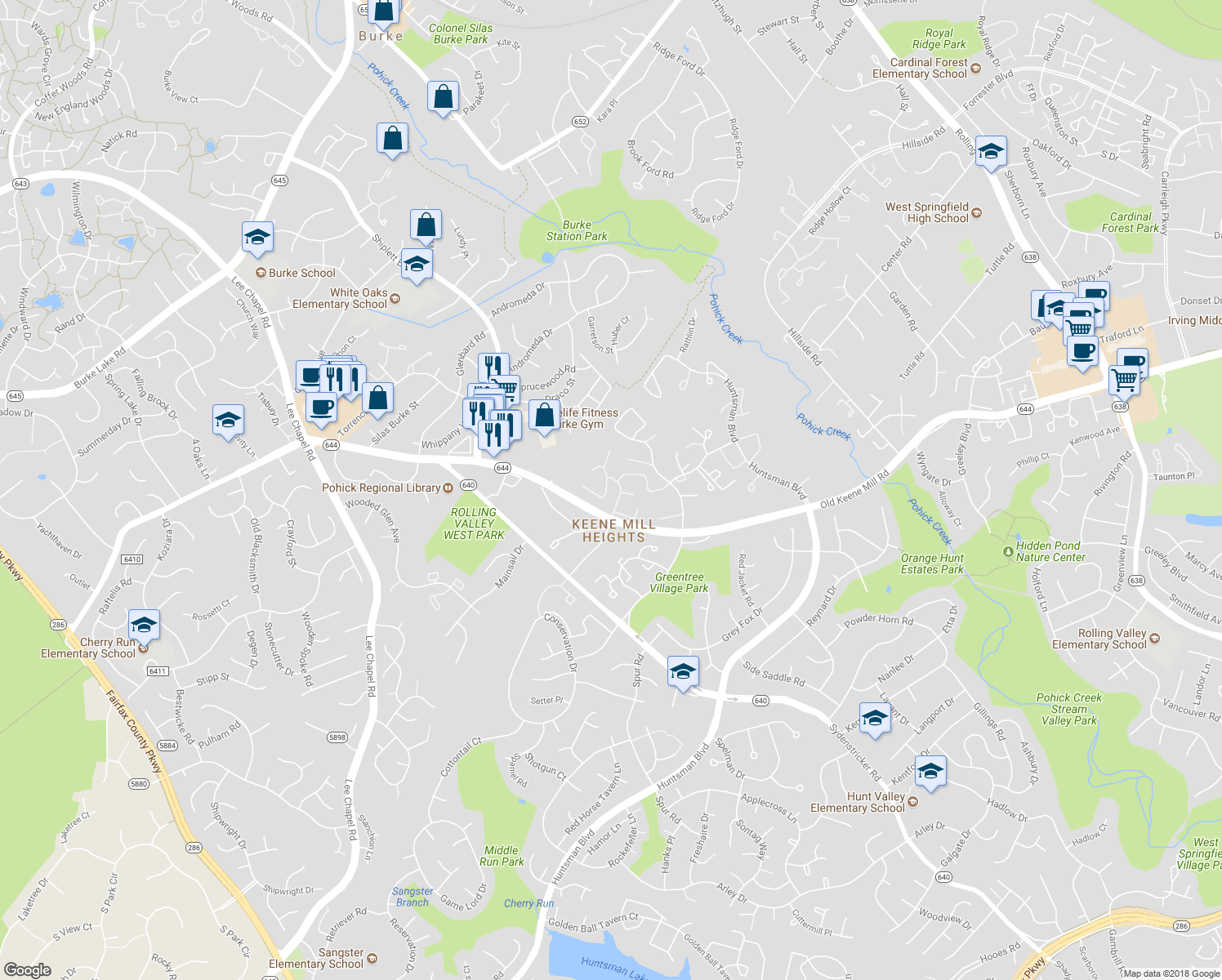 map of restaurants, bars, coffee shops, grocery stores, and more near 9149 Forest Breeze Court in Springfield