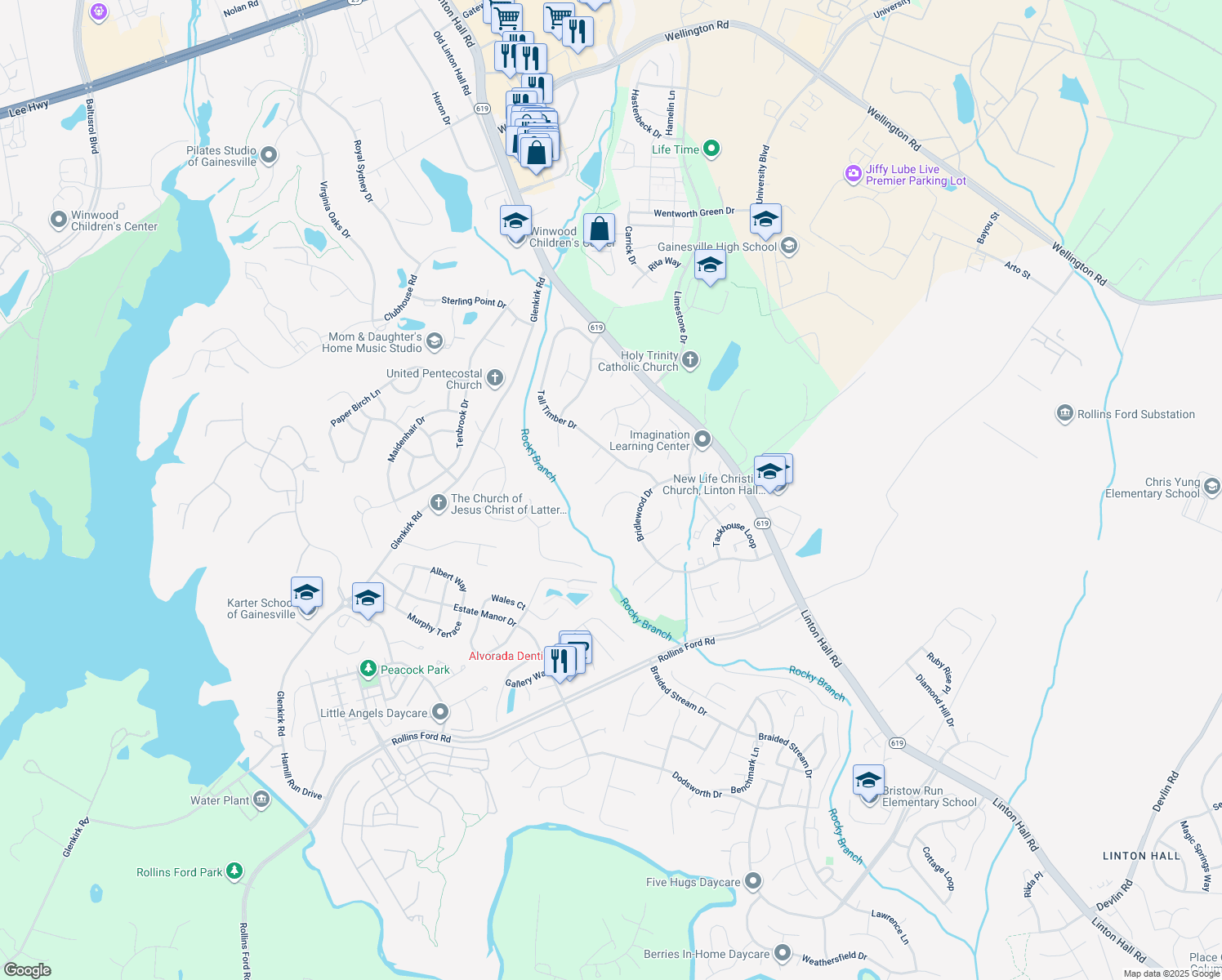 map of restaurants, bars, coffee shops, grocery stores, and more near 8416 Holstein Pony Court in Gainesville