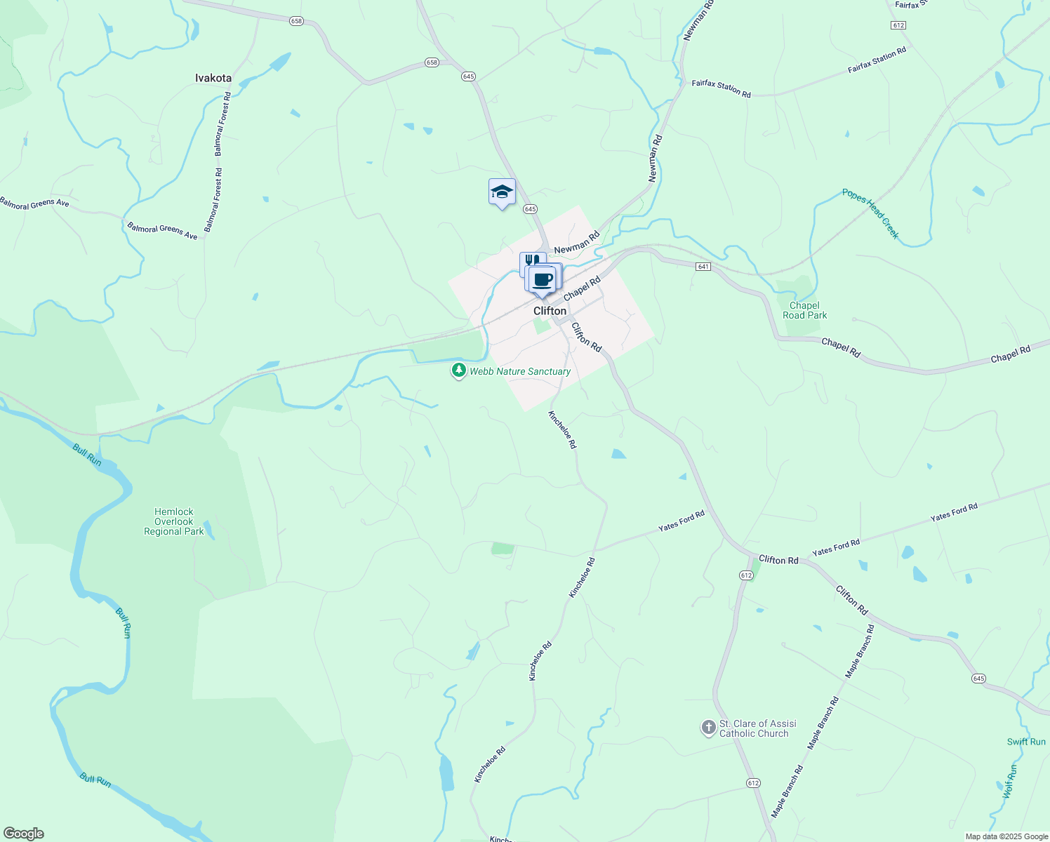 map of restaurants, bars, coffee shops, grocery stores, and more near 12760 Dunvegan Dr in Clifton