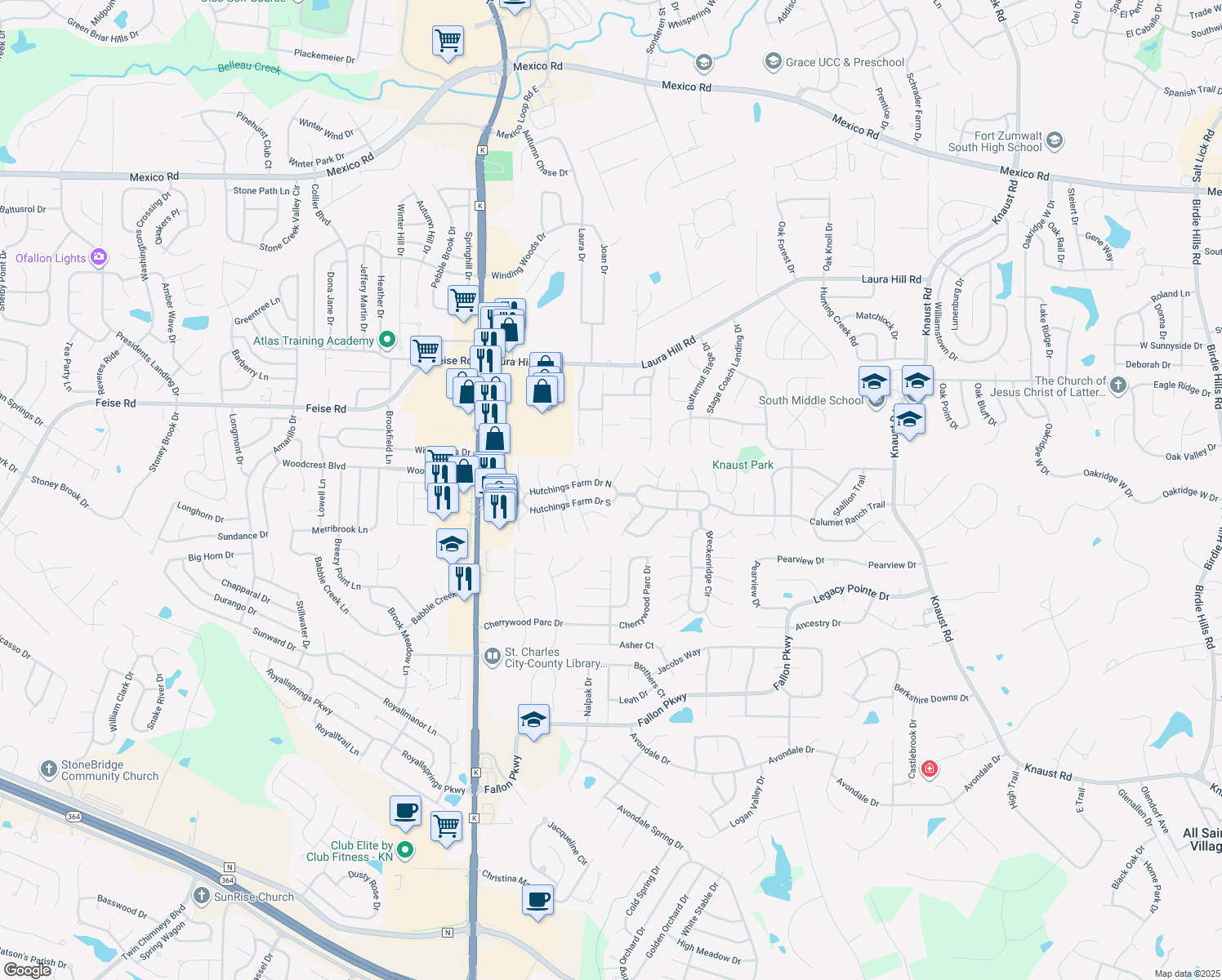 map of restaurants, bars, coffee shops, grocery stores, and more near 198 Hutchings Farm Drive North in Dardenne Prairie