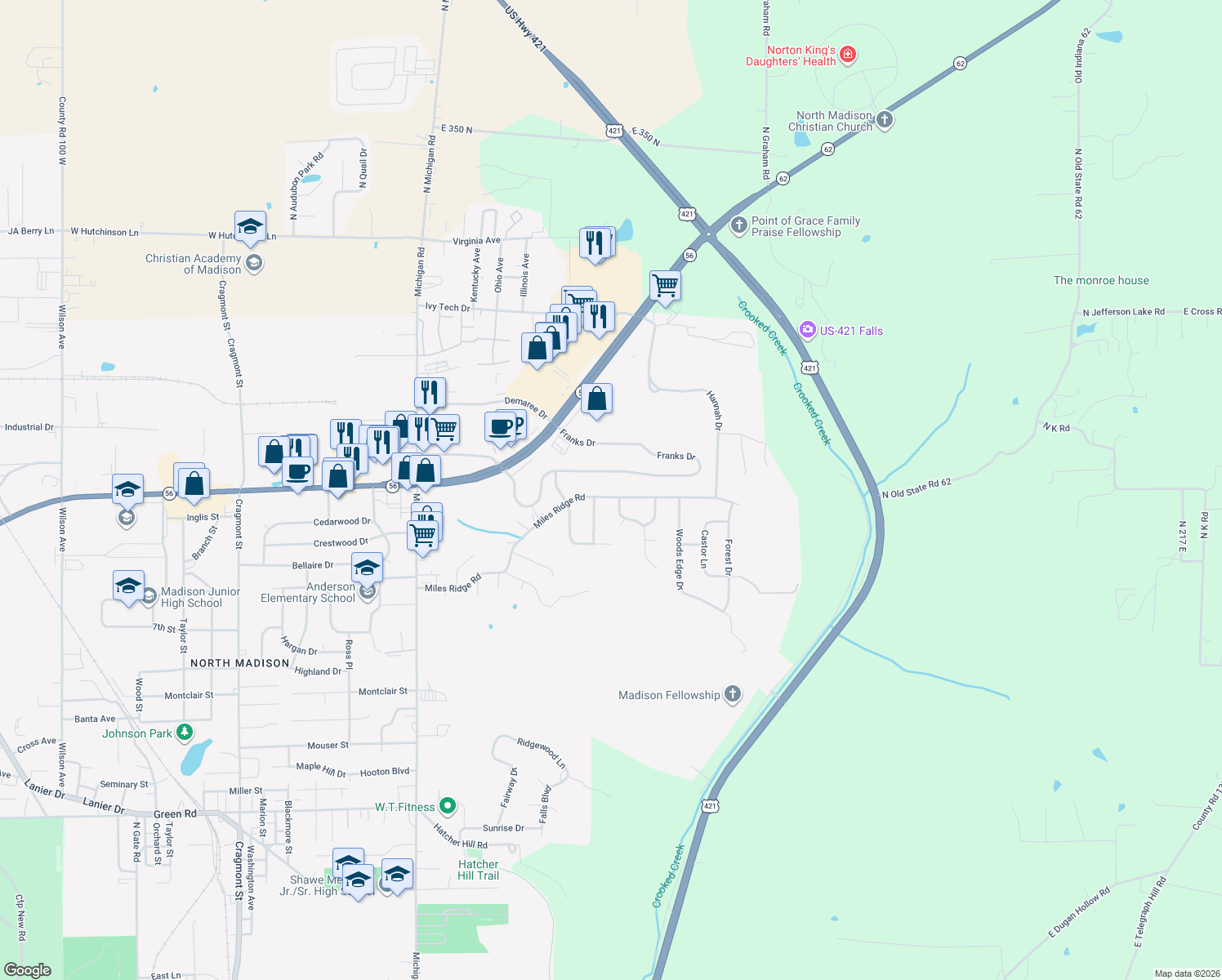 map of restaurants, bars, coffee shops, grocery stores, and more near 513 Miles Ridge Road in Madison