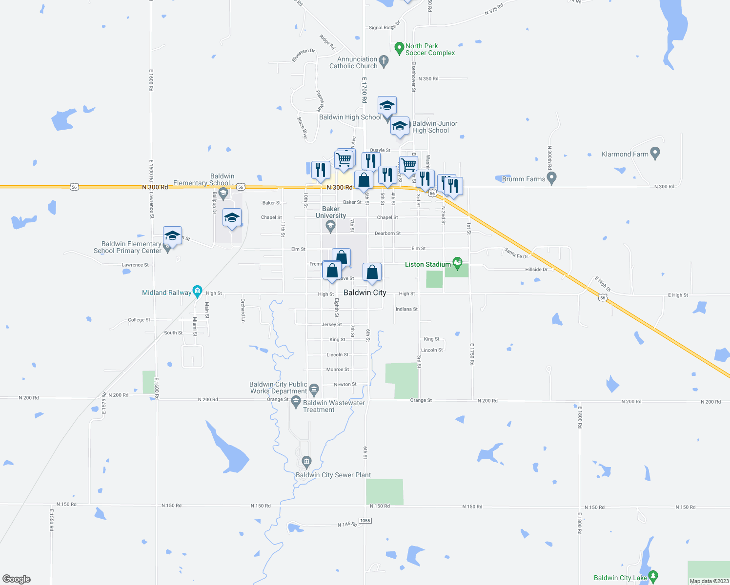 map of restaurants, bars, coffee shops, grocery stores, and more near 0 Old U.S. 59 in Baldwin City