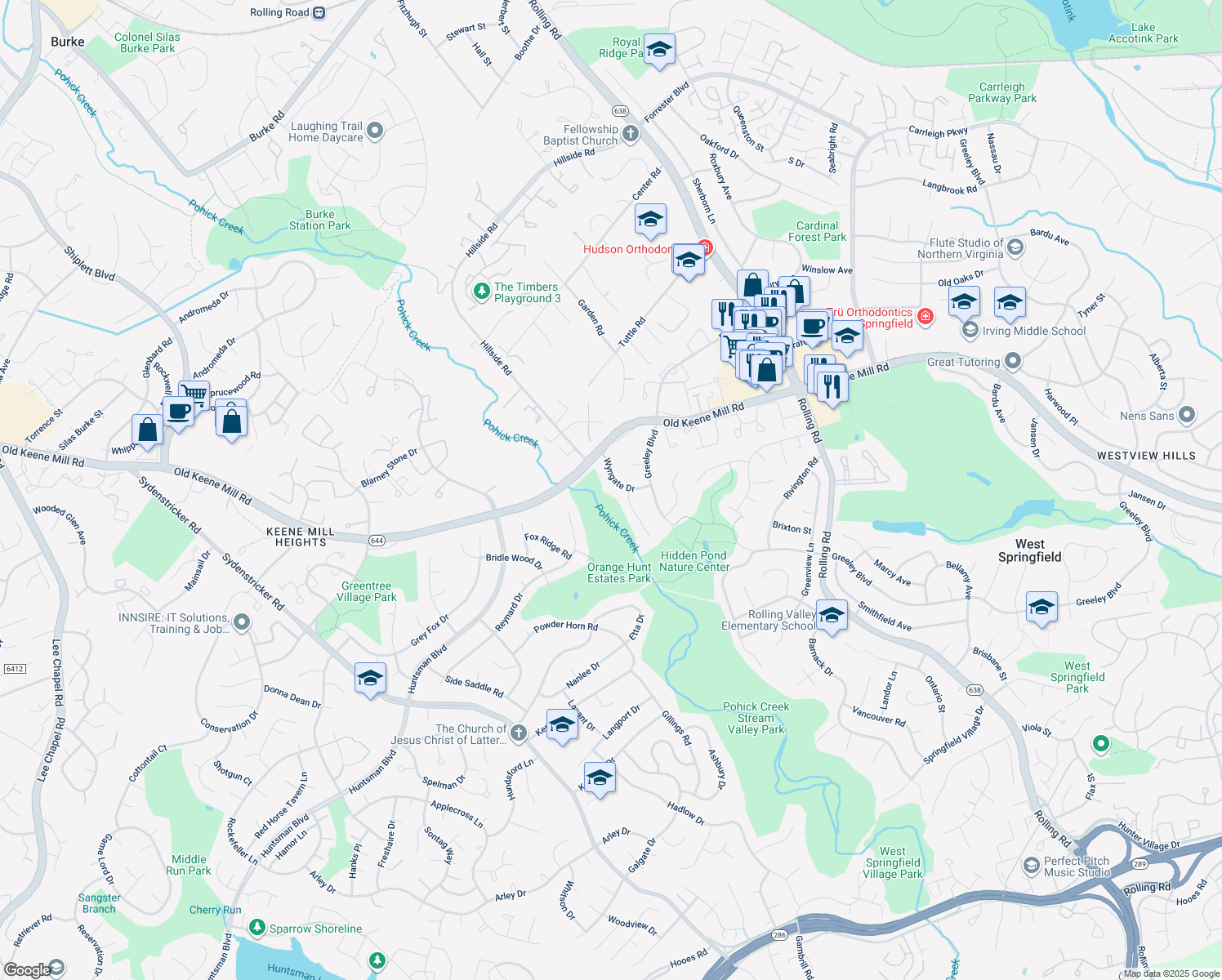 map of restaurants, bars, coffee shops, grocery stores, and more near 6410 Wyngate Dr in Springfield