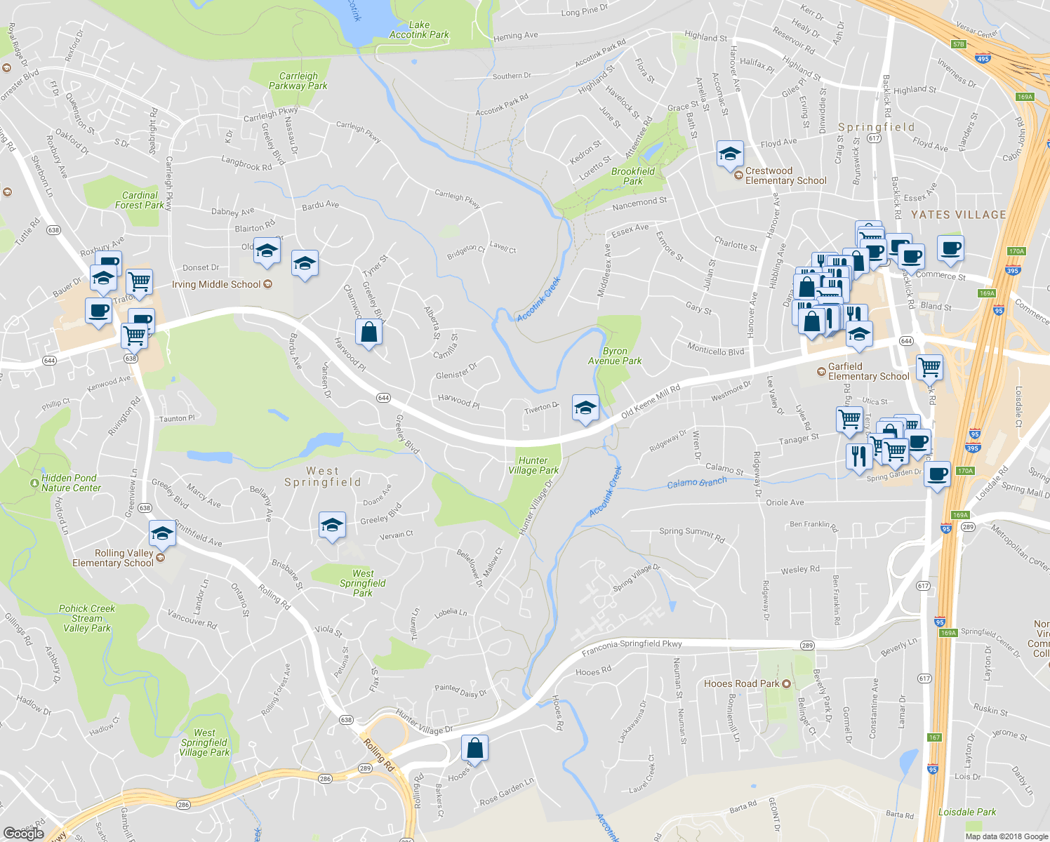 map of restaurants, bars, coffee shops, grocery stores, and more near 7741 Tiverton Dr in Springfield