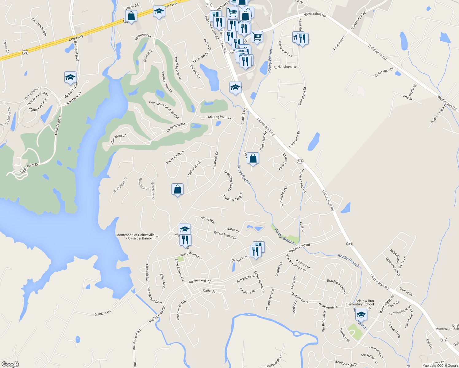 map of restaurants, bars, coffee shops, grocery stores, and more near 8222 Crackling Fire Drive in Gainesville