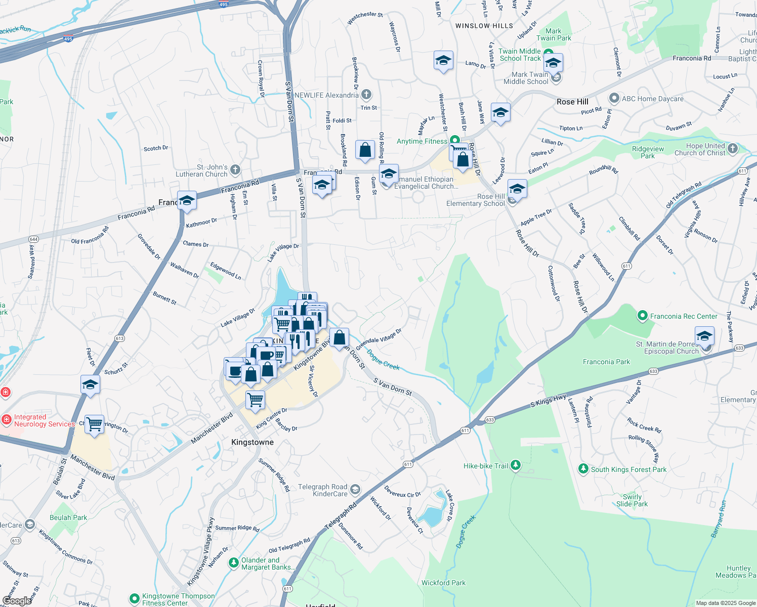 map of restaurants, bars, coffee shops, grocery stores, and more near 6607 Thorpe Terrace in Alexandria