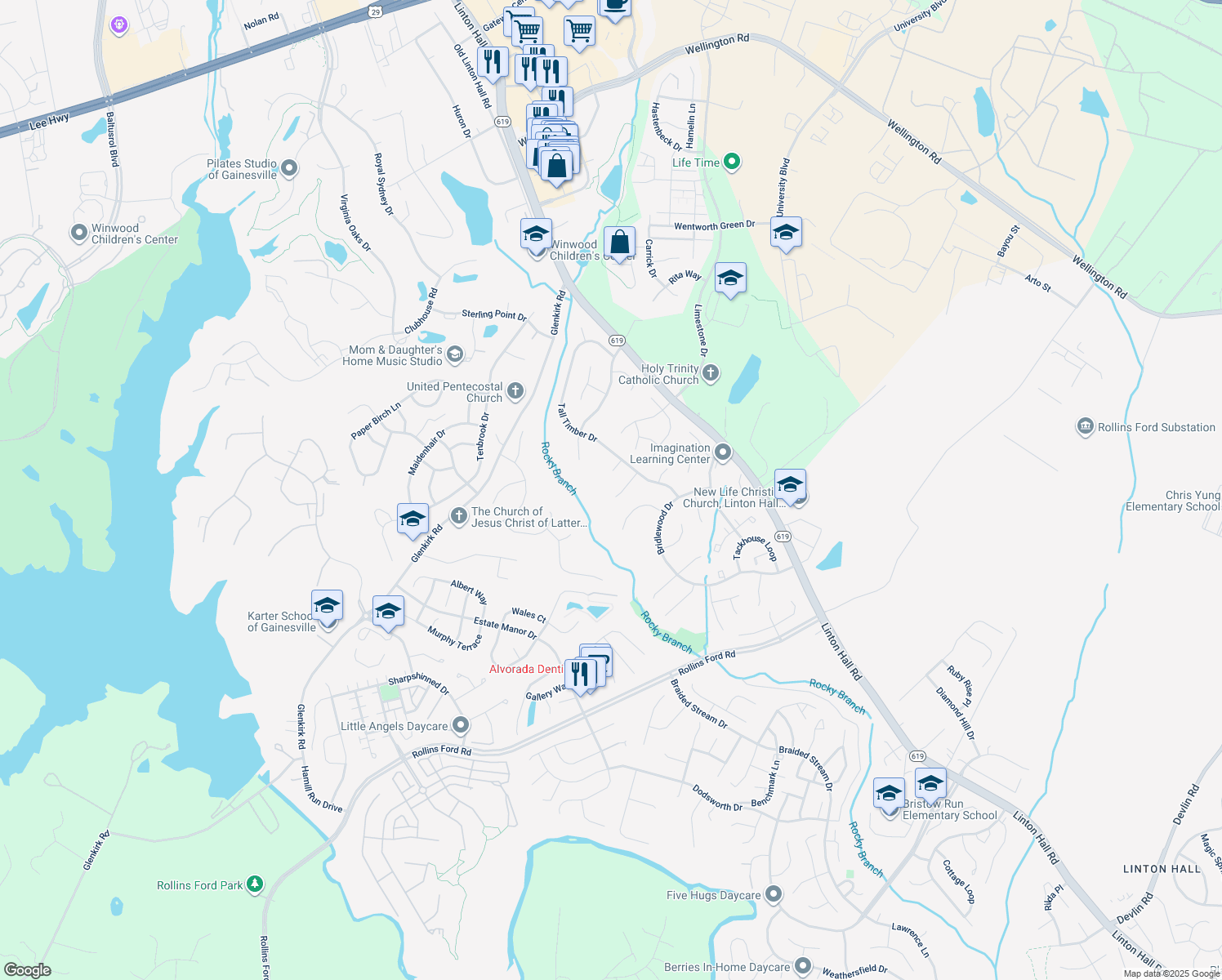 map of restaurants, bars, coffee shops, grocery stores, and more near 13936 Tall Timber Court in Gainesville