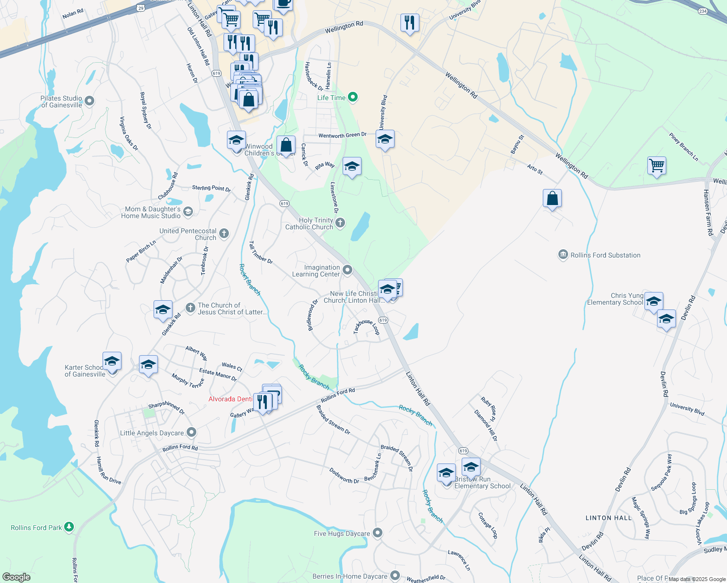 map of restaurants, bars, coffee shops, grocery stores, and more near 13619 Harness Shop Court in Gainesville