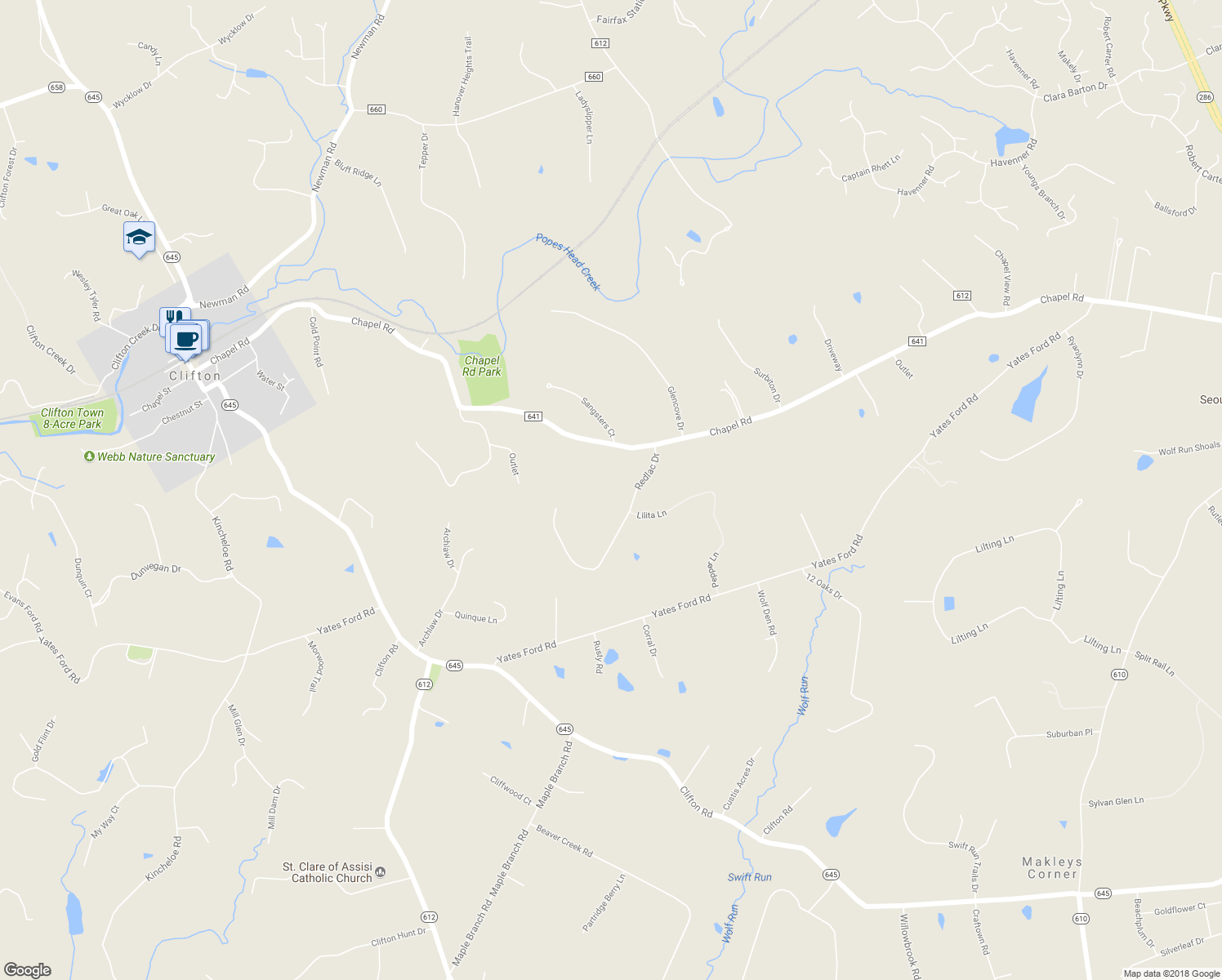 map of restaurants, bars, coffee shops, grocery stores, and more near 7008 Redlac Drive in Clifton