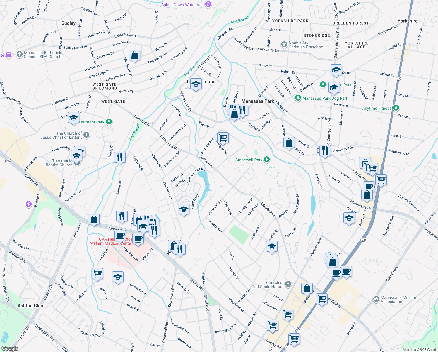 map of restaurants, bars, coffee shops, grocery stores, and more near 8310 Liberia Avenue in Manassas
