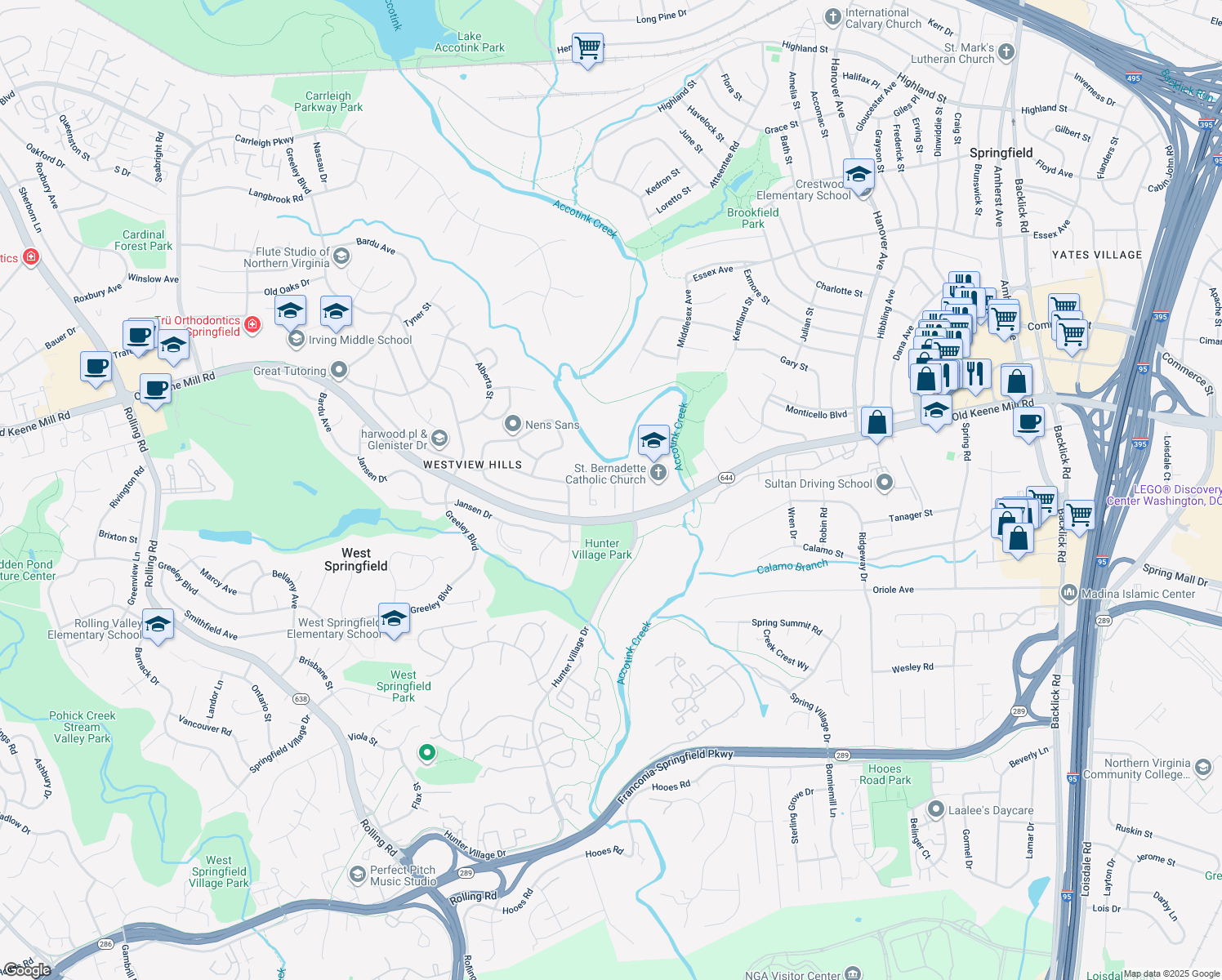 map of restaurants, bars, coffee shops, grocery stores, and more near 6614 Burlington Place in West Springfield