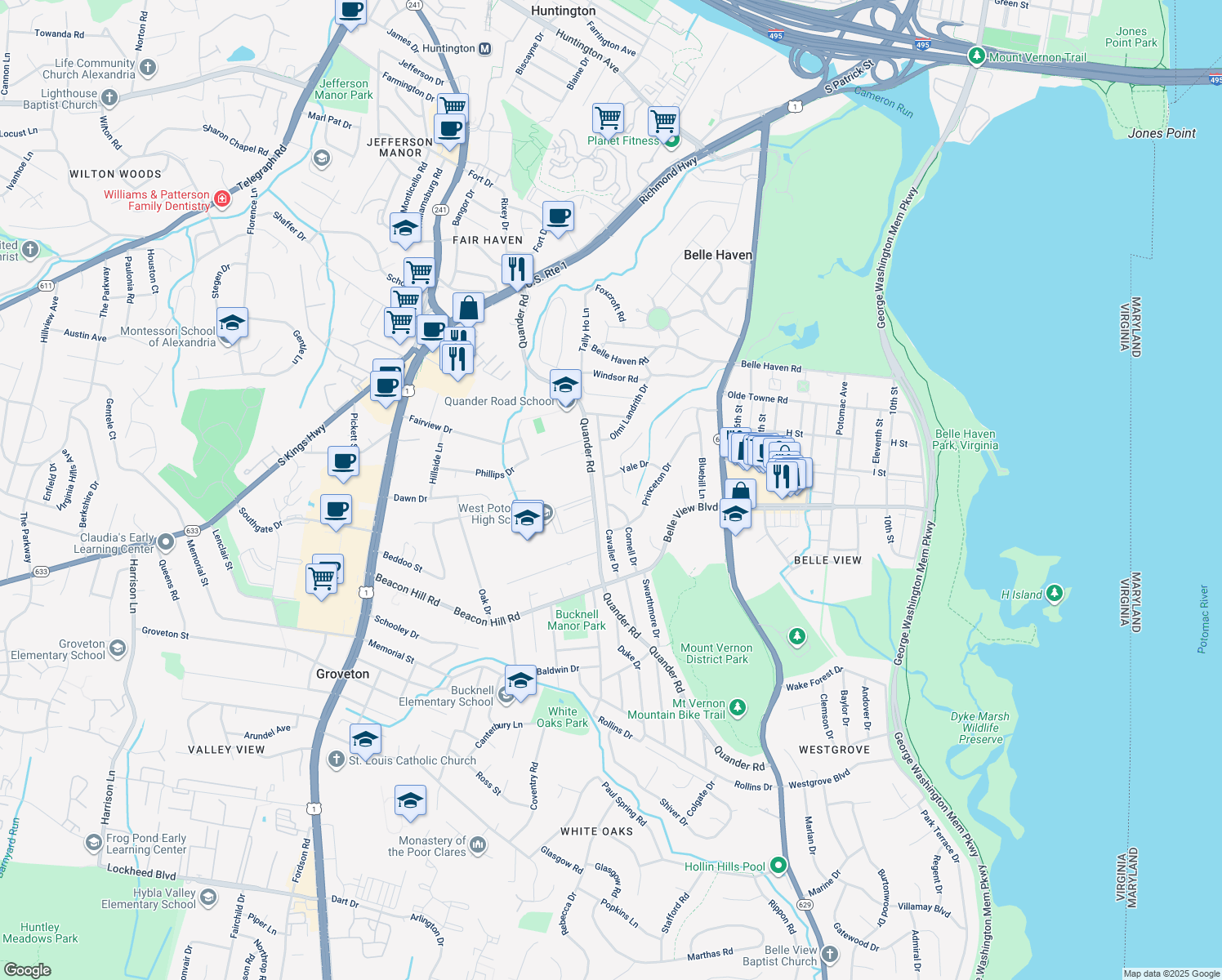 map of restaurants, bars, coffee shops, grocery stores, and more near 6521 Cavalier Drive in Alexandria