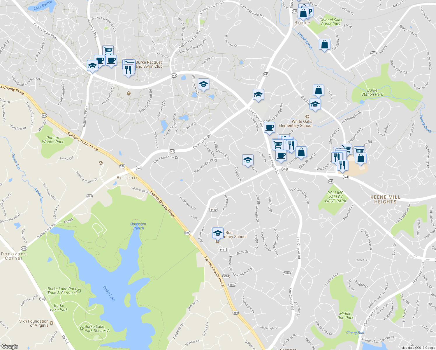 map of restaurants, bars, coffee shops, grocery stores, and more near 6410 Spring Lake Drive in Burke