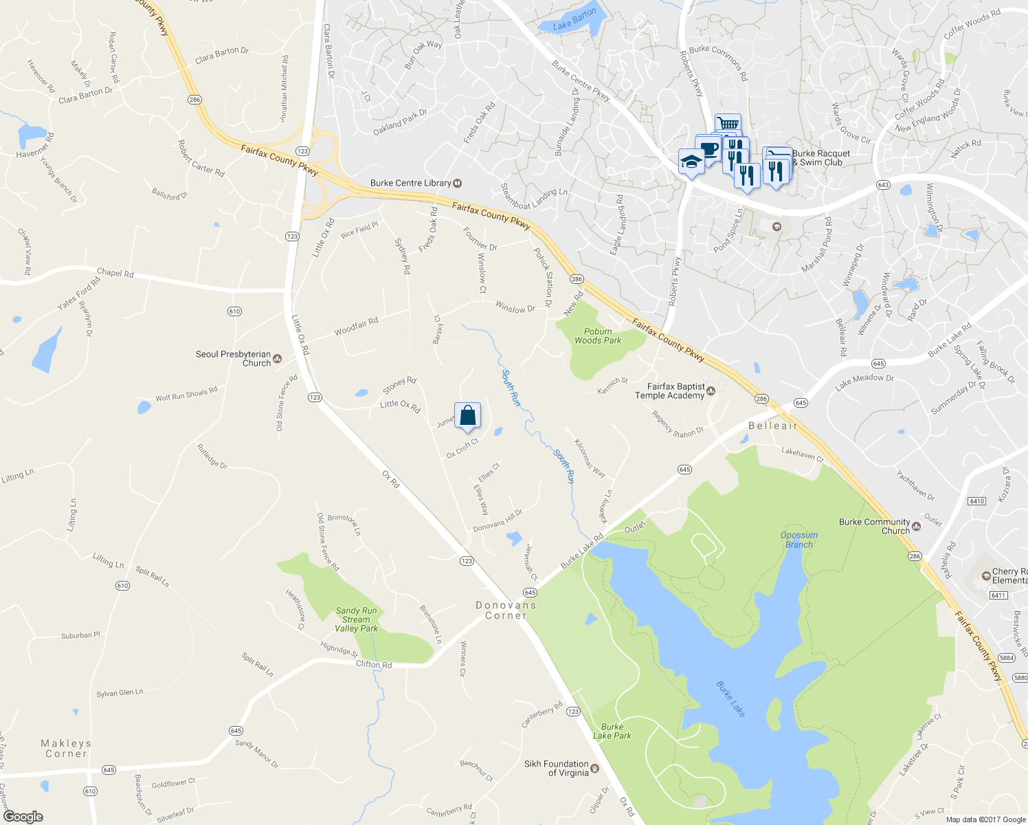 map of restaurants, bars, coffee shops, grocery stores, and more near 6318 Pohick Station Drive in Fairfax Station