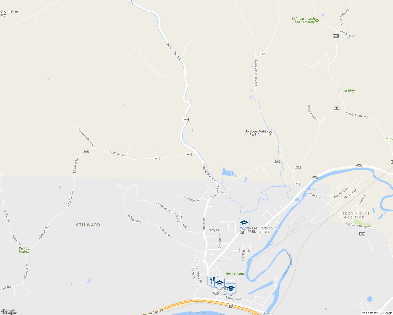 map of restaurants, bars, coffee shops, grocery stores, and more near 2121 Bonser Run Road in Portsmouth